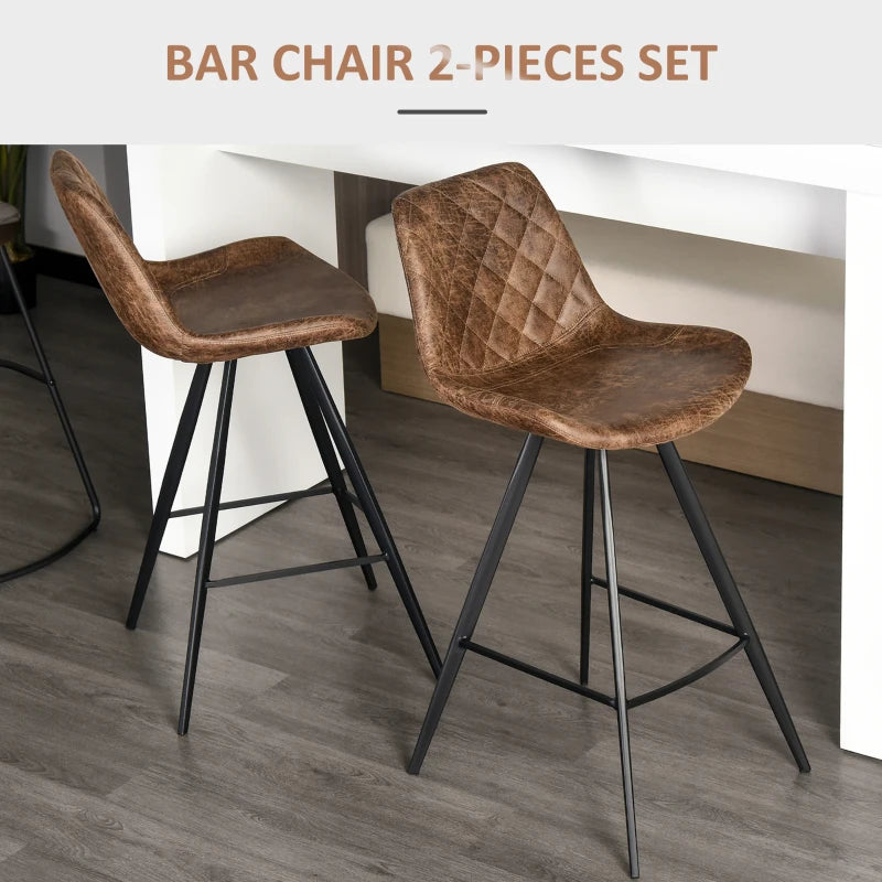 Set Of 2 Bar Stools Vintage Microfiber Cloth Tub Seats Padded Comfortable Steel Frame Footrest Quilted Home Bar Cafe Kitchen Chair Stylish Brown
