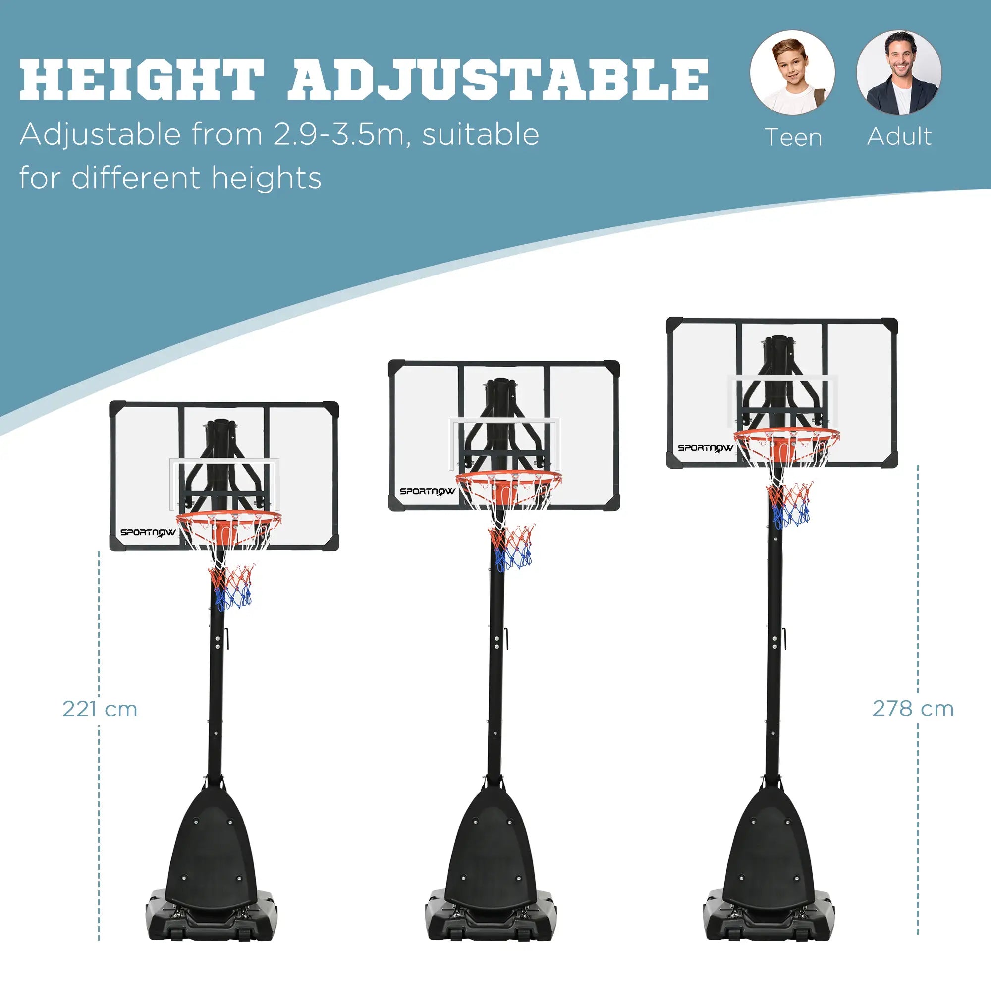 2.4-2.9m Adjustable Basketball Hoop and Stand with Weighted Base, Portable on Wheels, Black