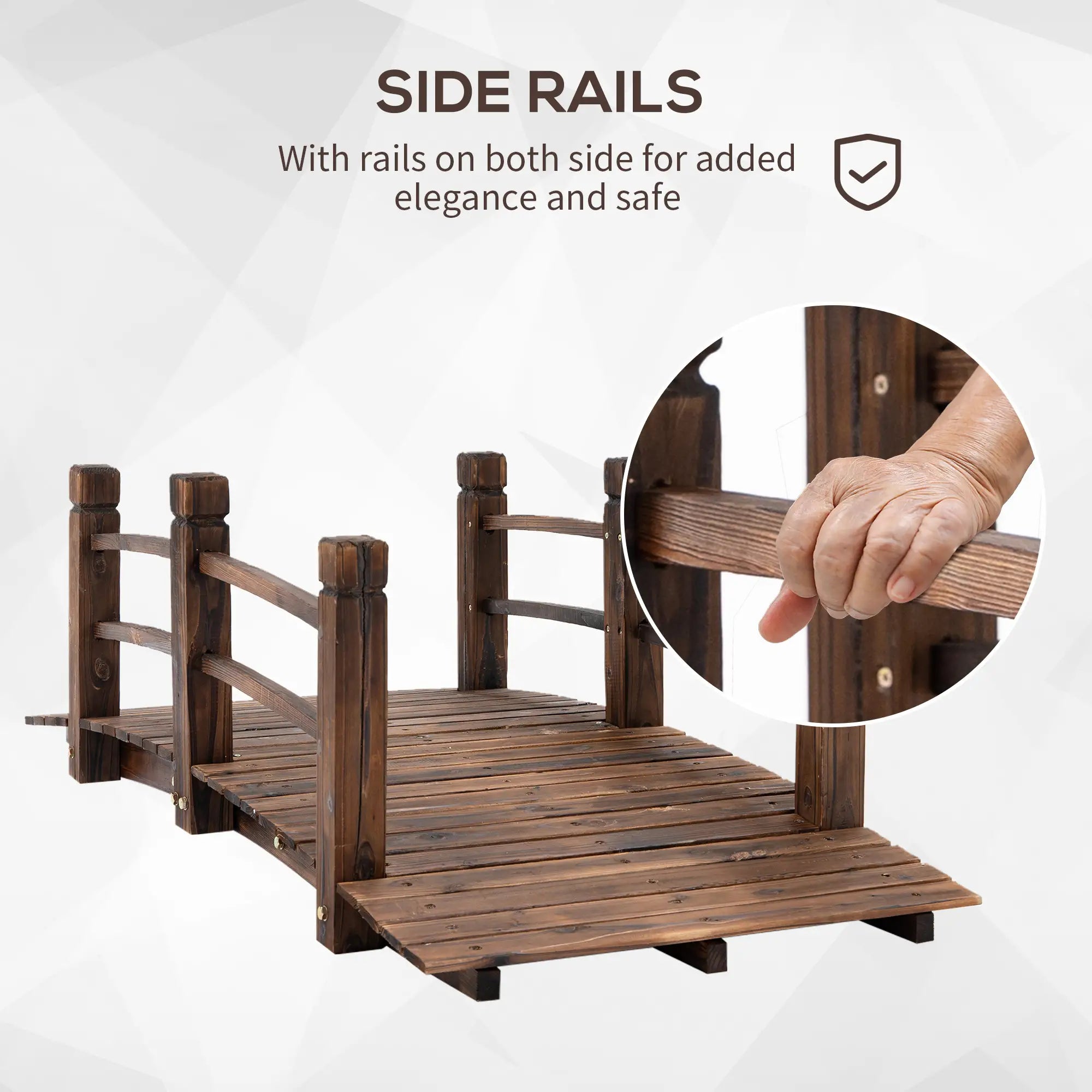 1.5M Wooden Garden Bridge Lawn Décor Stained Finish Arc Outdoor Pond Walkway w/ Railings Water Yard Decoration