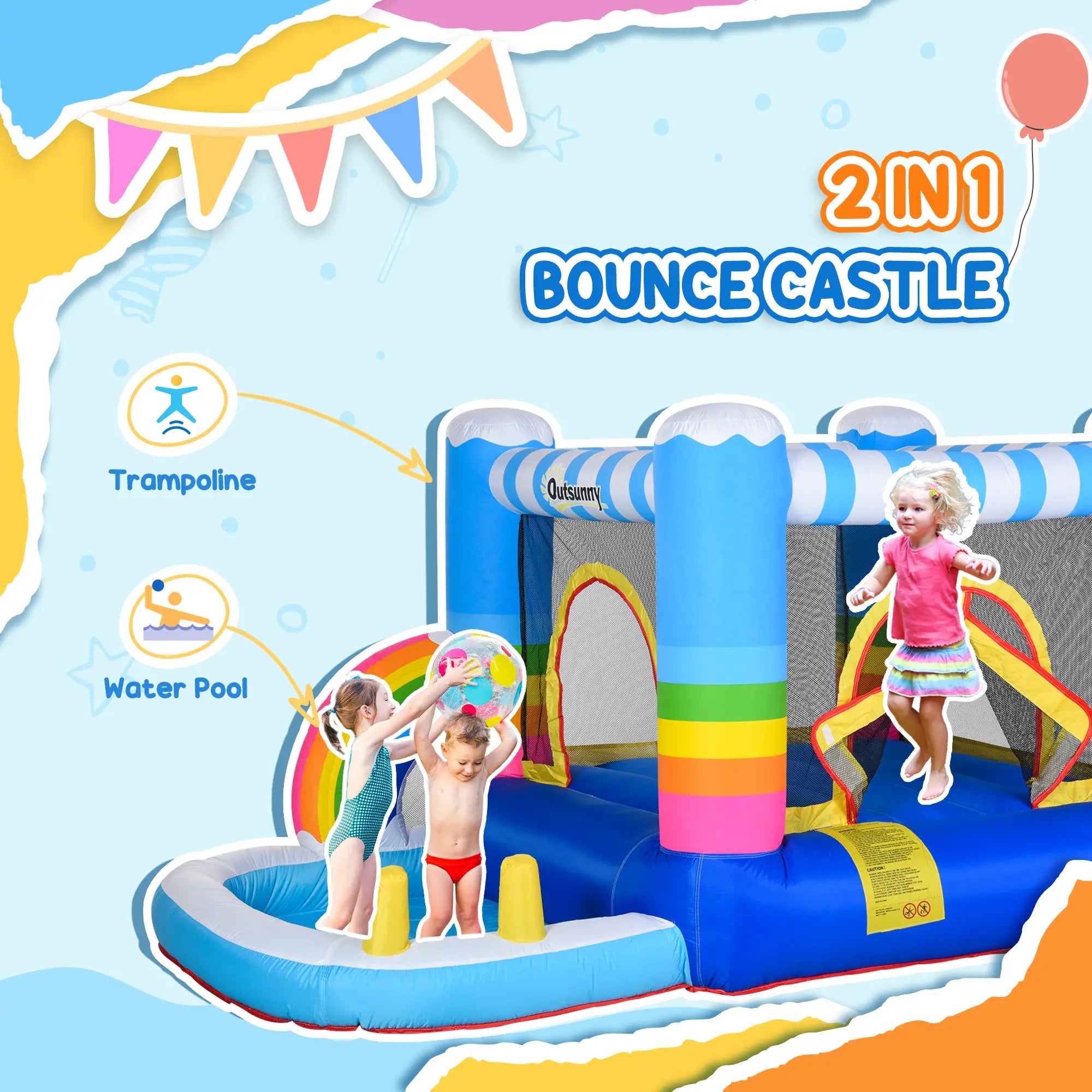 Kids Bounce Castle Inflatable House with Trampoline Pool Climbing Wall with Inflator Carrybag, 2.8 x 1.7 x 1.55m