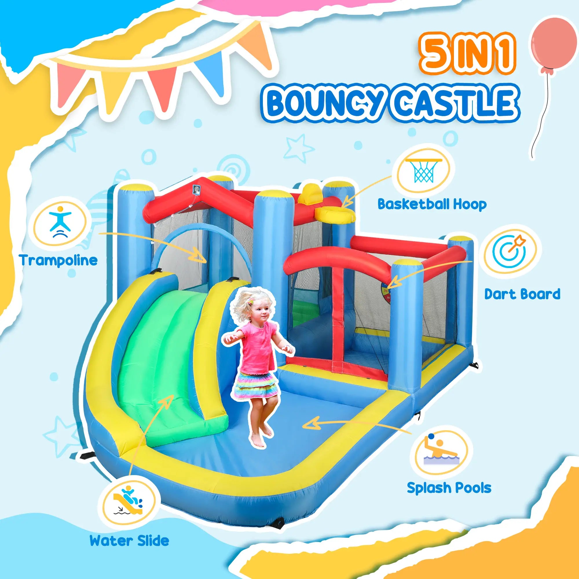 Inflatable Bouncy Castle with 550W Blower, Basketball Hoop, Long Slide, Dart Board, Carrying Bag, 385 x 290 x 180 cm