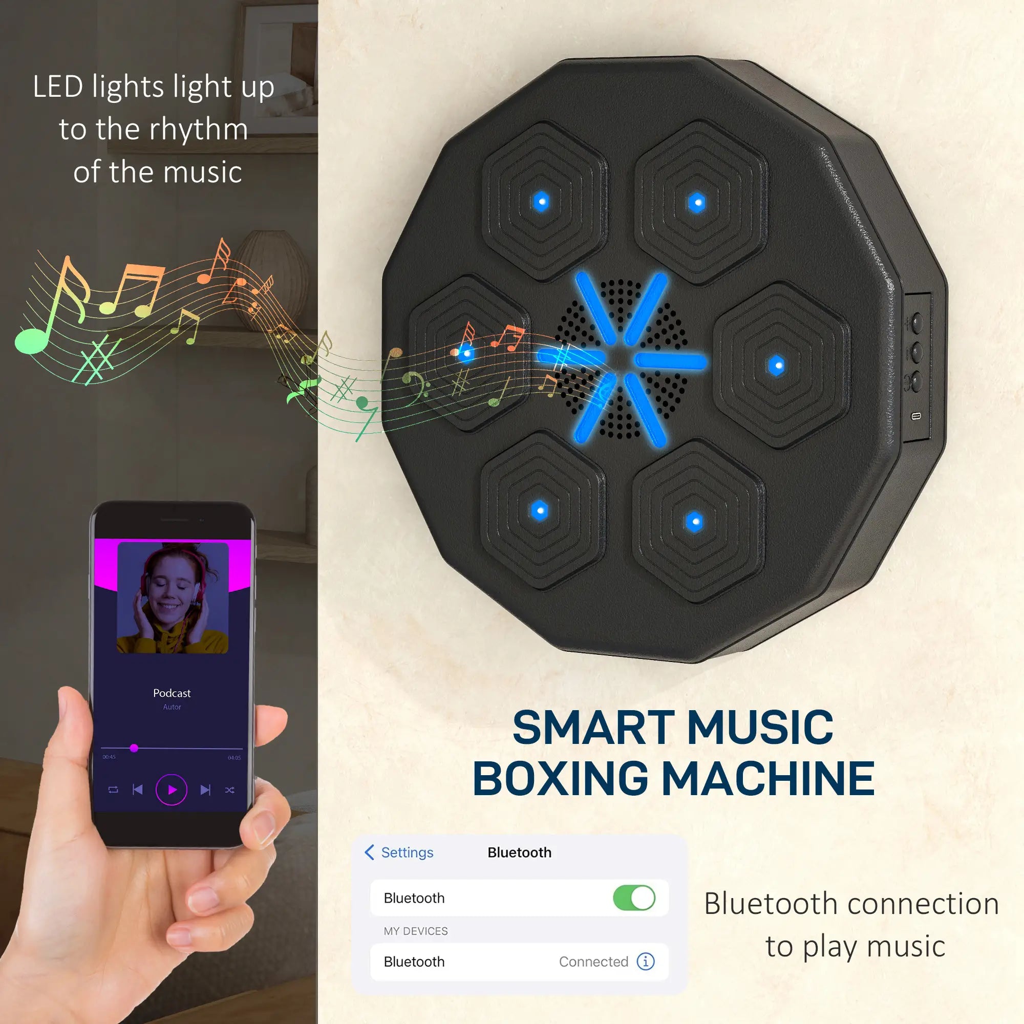 Music Boxing Machine with Bluetooth Connection and LED Light Smart, Wall Mounted for Punching Beat Boxing Training