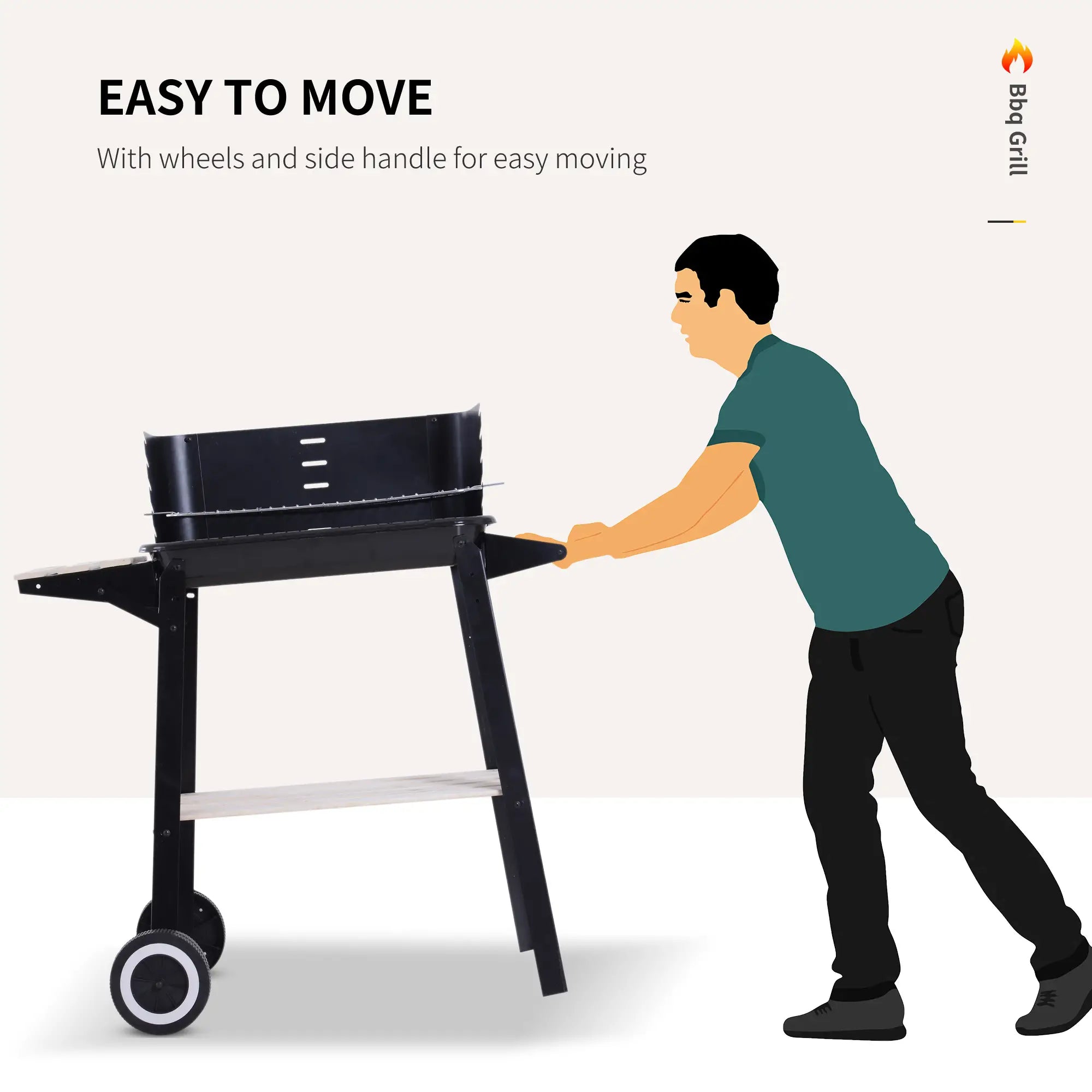 Trolley Charcoal BBQ Barbecue Grill Outdoor Patio Garden Heating Smoker with Side Trays Storage Shelf and Wheels