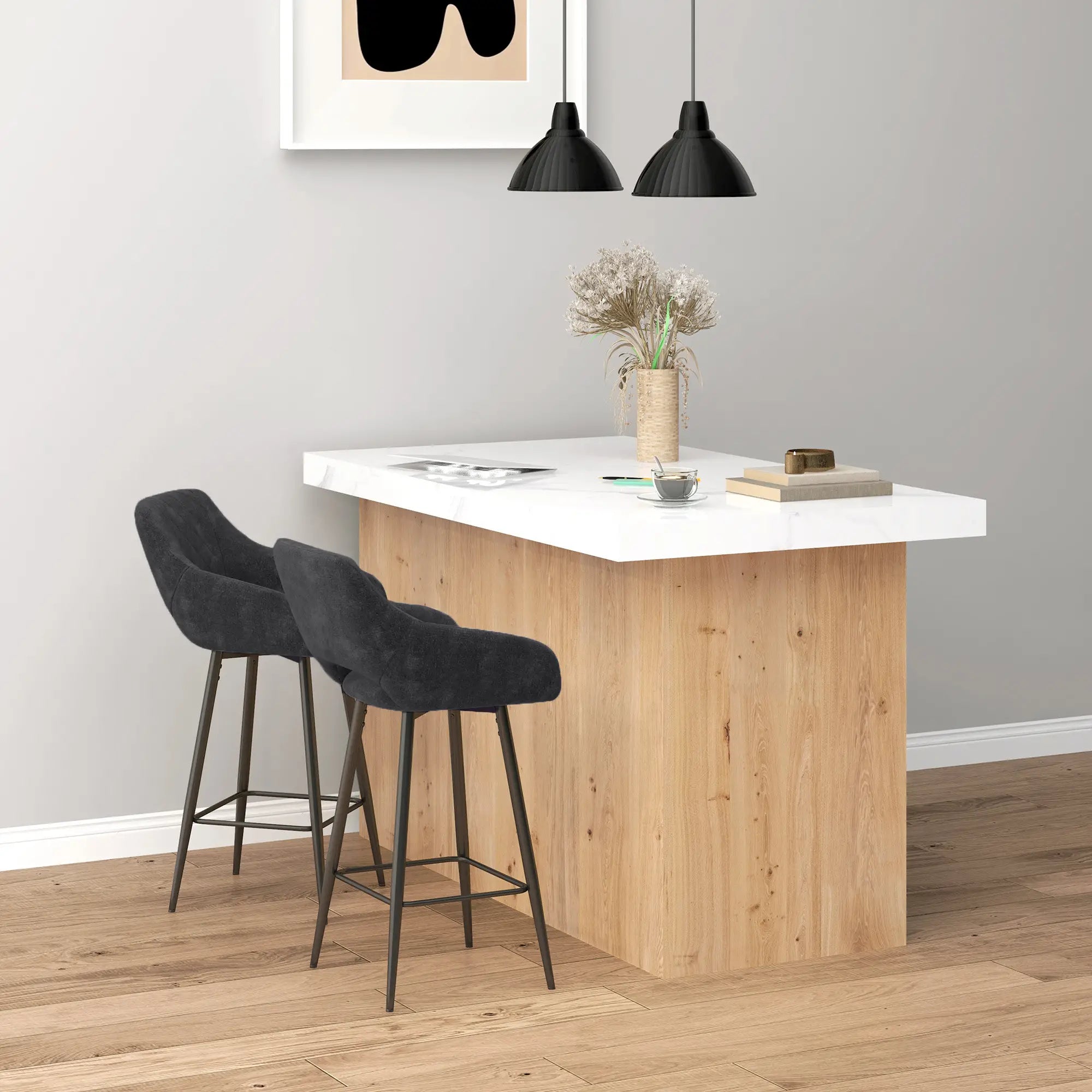Set of Two Velvet-Feel Bar Stools - Grey