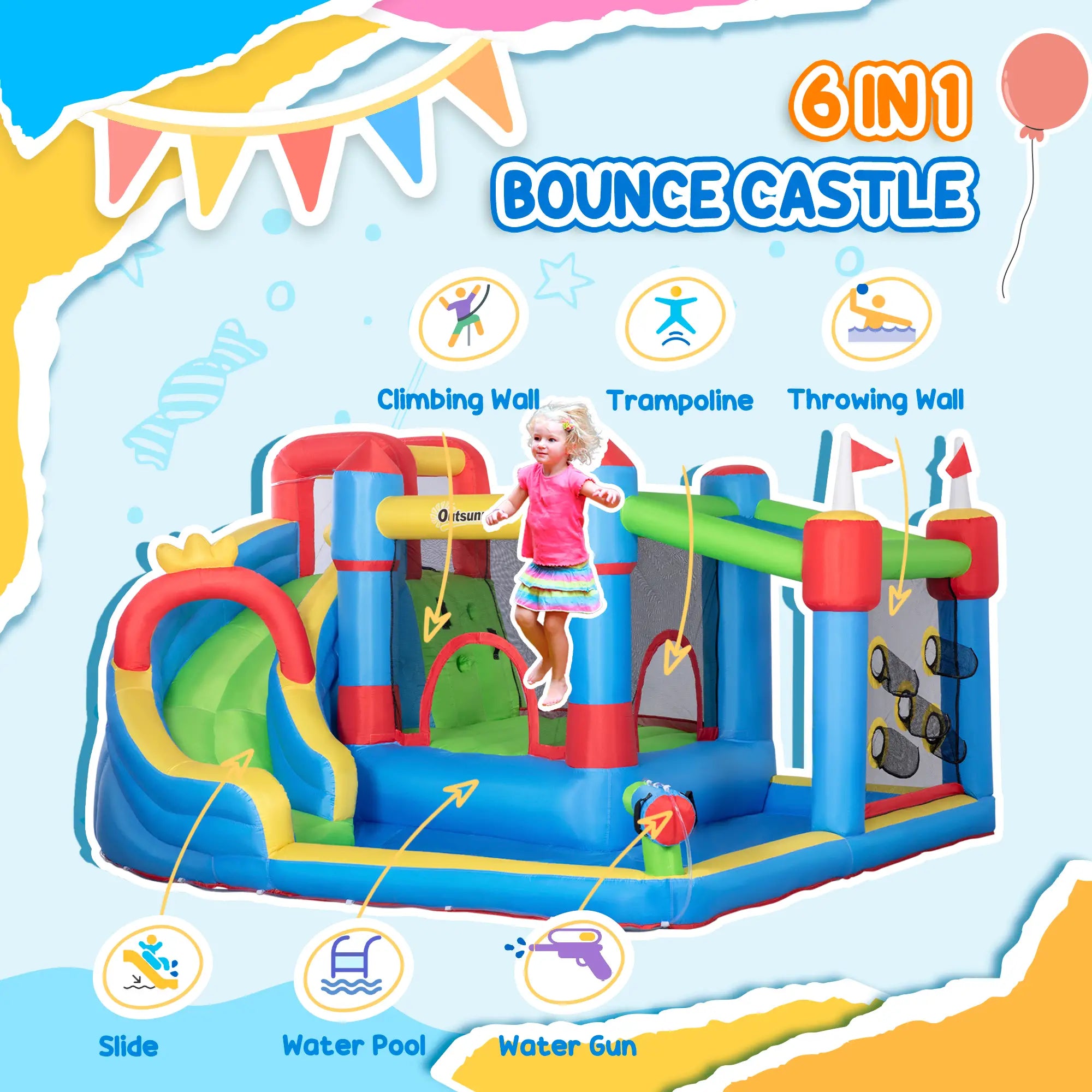 Kids Inflatable Bouncy Castle Water Slide 6 in 1 Bounce House Jumping Castle Water Gun Climbing Wall with Air Blower for Age 3-8, 3.9 x 3 x 2m