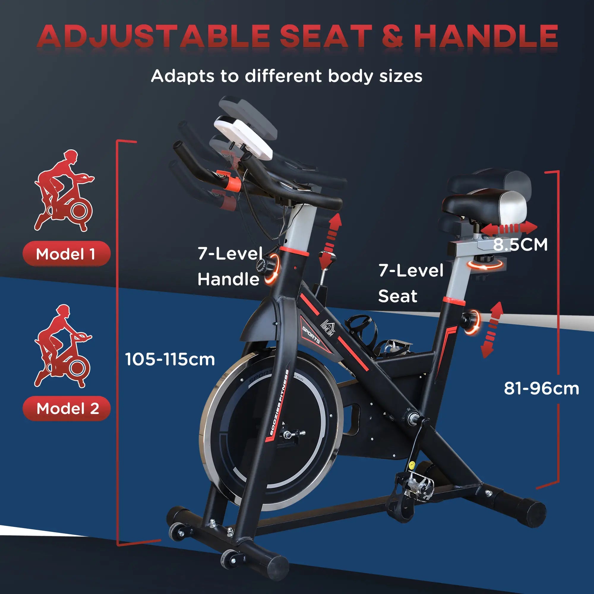 Exercise Bike, Indoor Cycling, with LCD Display, Heart Rate, Sensor - Black