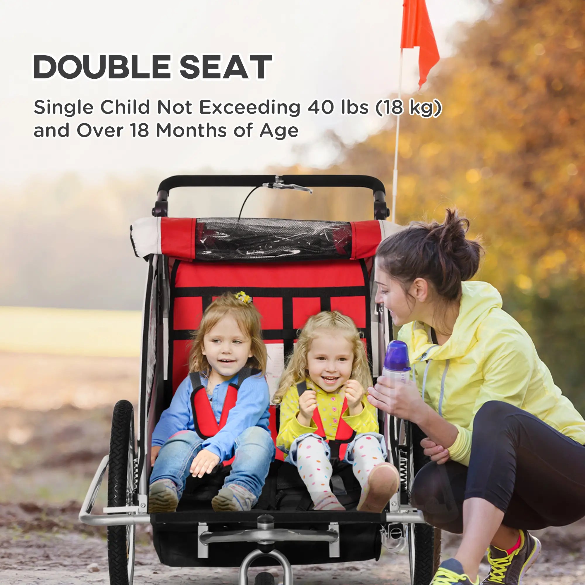 Baby Bike Trailer, Child Bicycle Trailer with 5 Point Harness, Steel Frame, Reflectors, Safety Flag, Hitch Coupler, Red