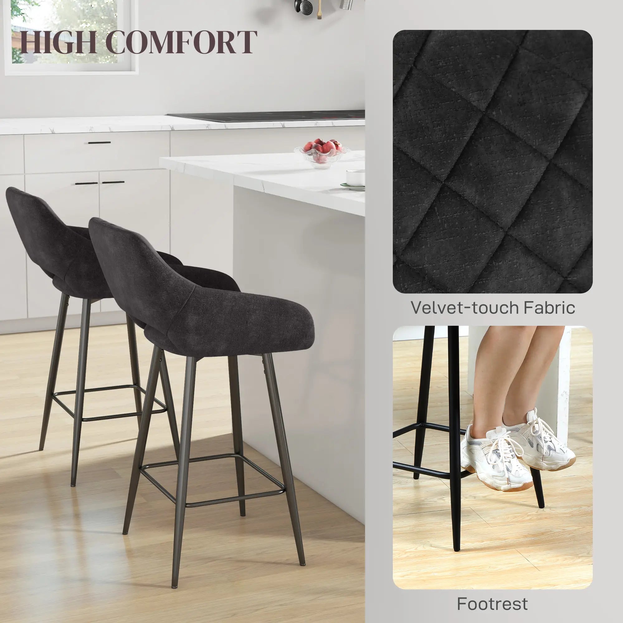 Set of Two Velvet-Feel Bar Stools - Grey