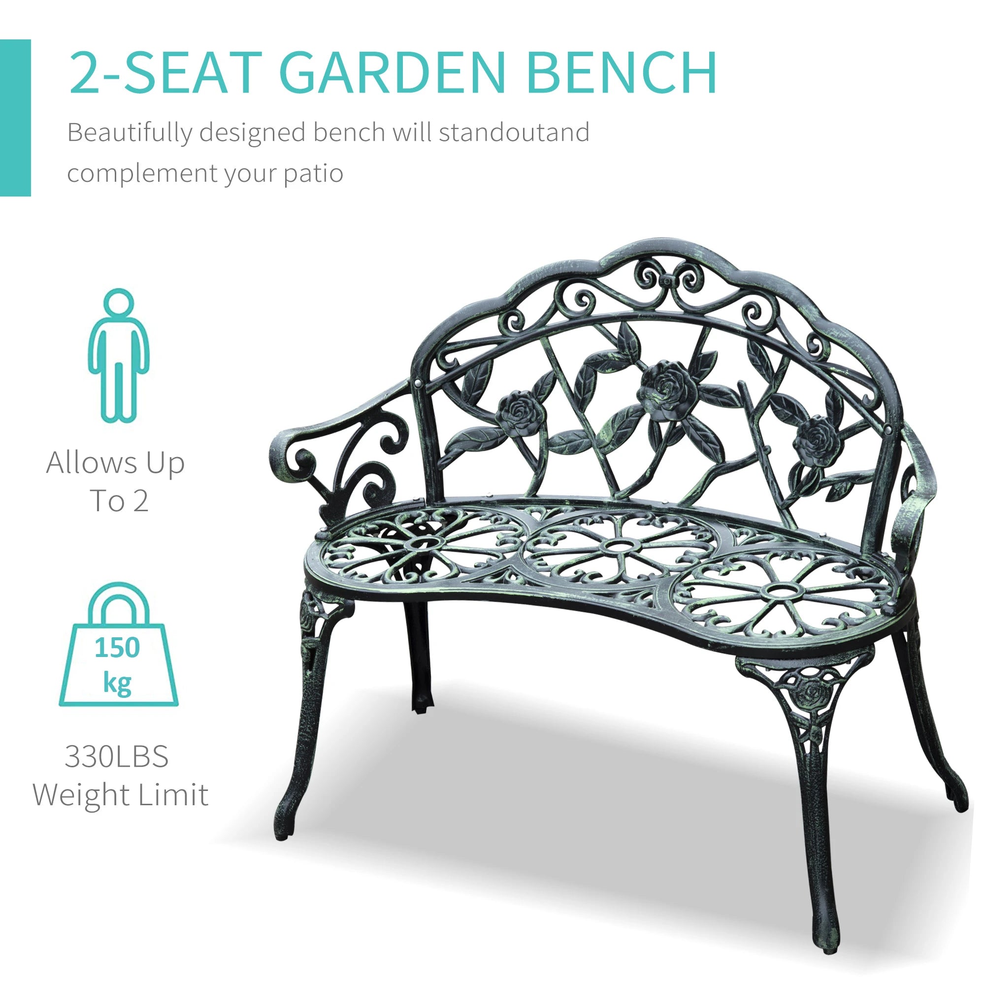 Cast Aluminum Garden Bench-Antique Green