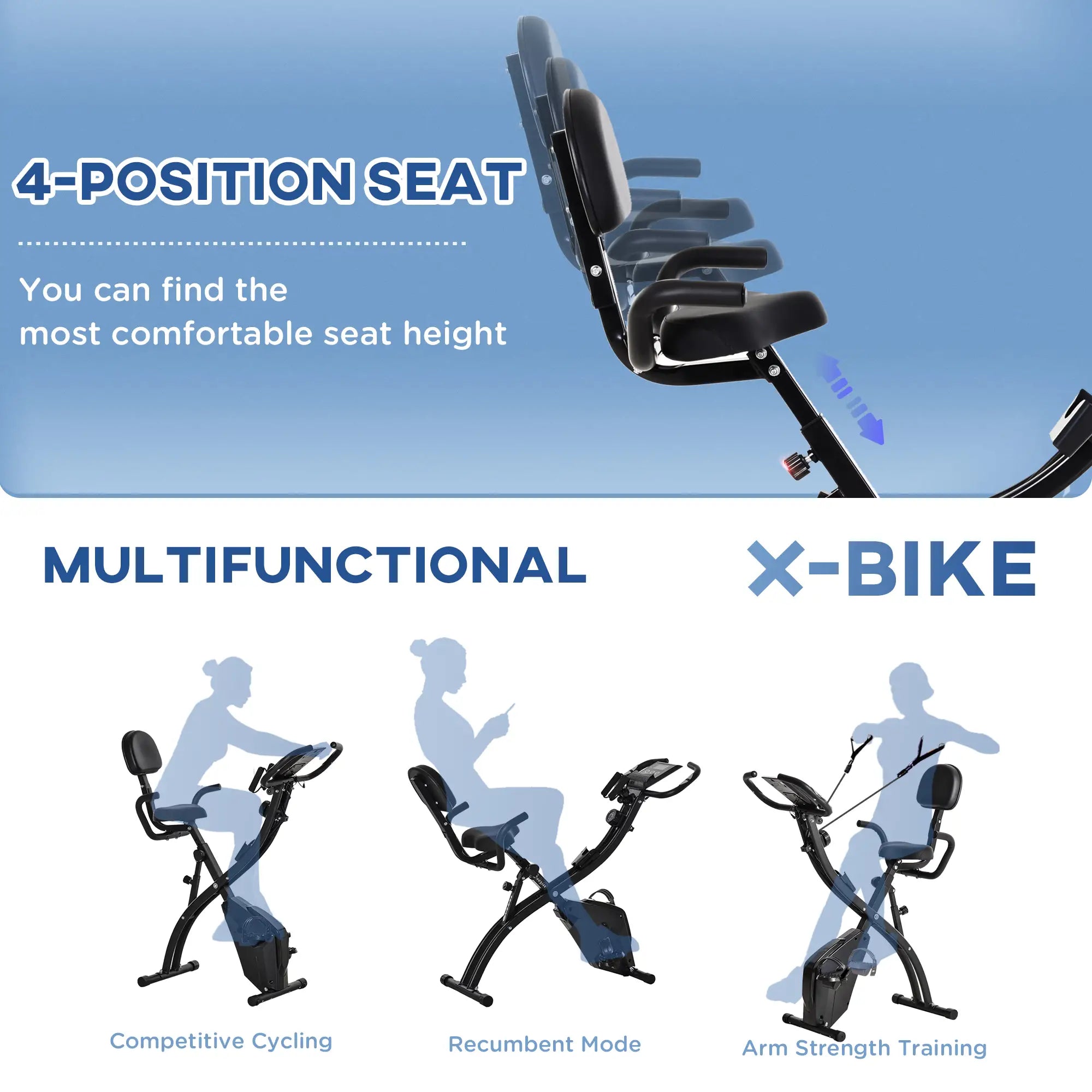 2-in-1 Folding Exercise Bike with 8-Level Magnetic Resistance, Arm Resistance Band, Pulse Sensor, Black