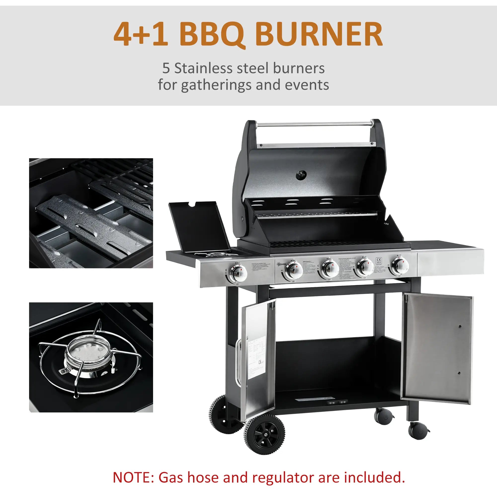 Gas Barbecue Grill 4+1 Burner Garden Smoker BBQ Trolley w/ Side Burner Warming Rack Side Shelves Storage Cabinet Piezo Ignition Thermometer Stainless Steel + Metal