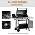 Gas Barbecue Grill 4+1 Burner Garden Smoker BBQ Trolley w/ Side Burner Warming Rack Side Shelves Storage Cabinet Piezo Ignition Thermometer Stainless Steel + Metal