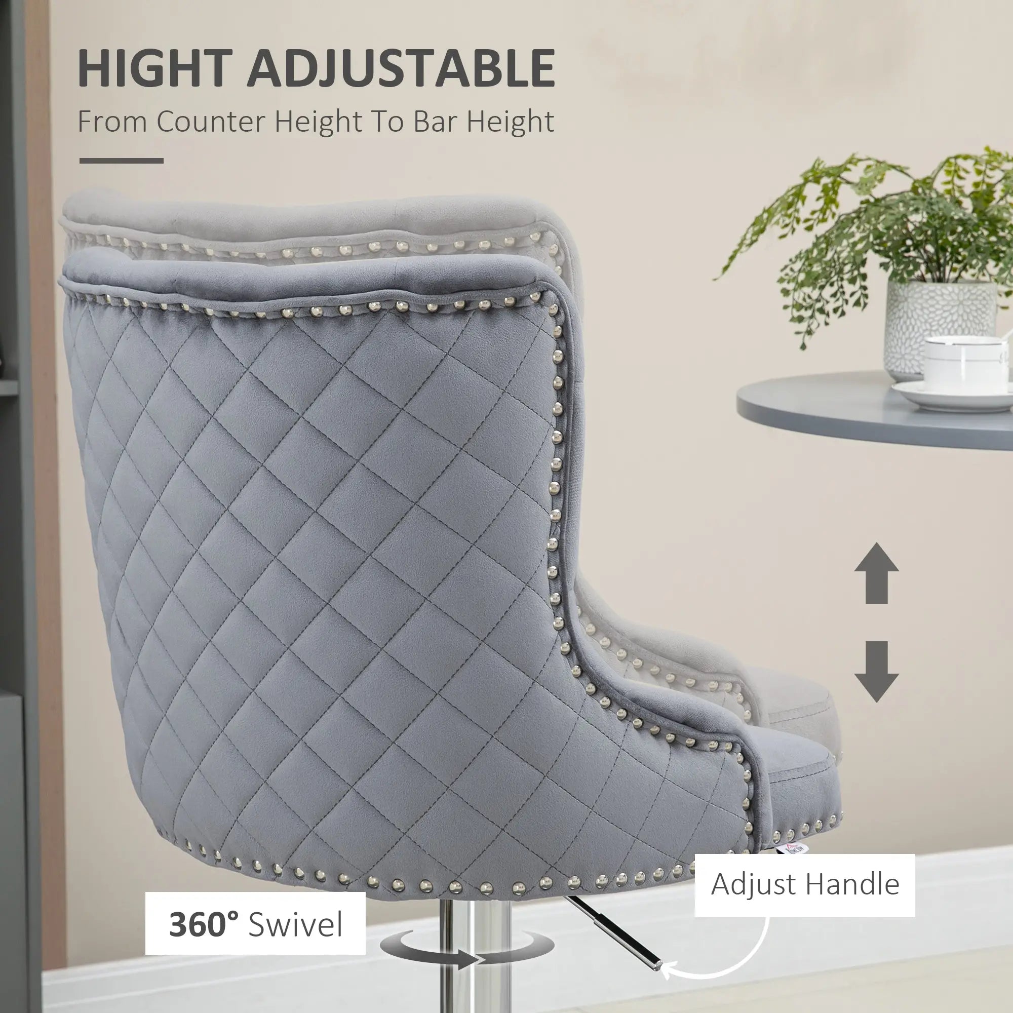 Bar Stools Set of 2, Modern Swivel & Adjustable Velvet Barstools with Button Tufted Back, Footrest, Nailhead Trim for Home Bar, Grey