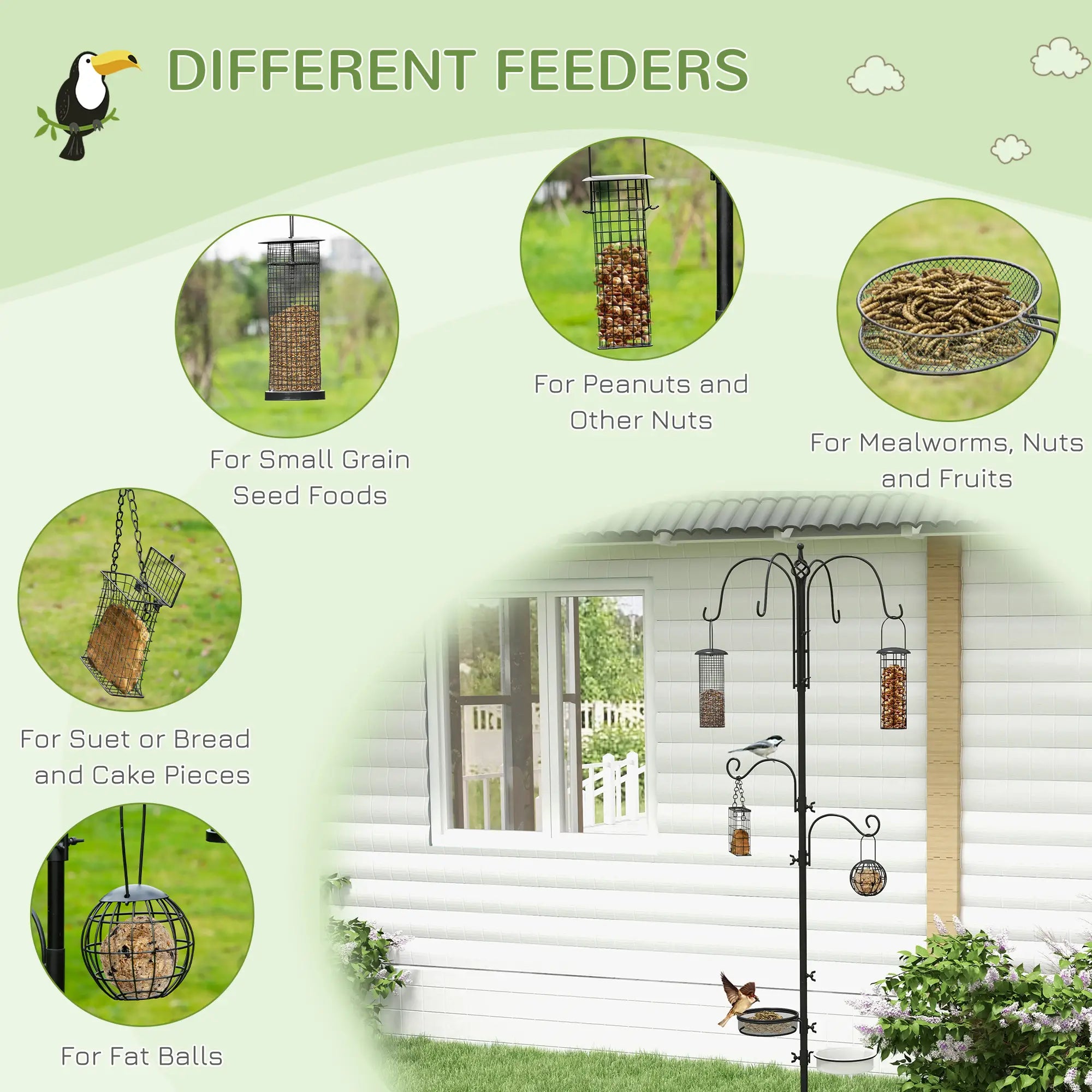 Bird Feeding Station Kit, Wild Bird Feeder Pole with 6 Hooks, 4 Hanging Feeders for Peanuts, Seed, Fat Balls, for Garden, Outdoor, Black