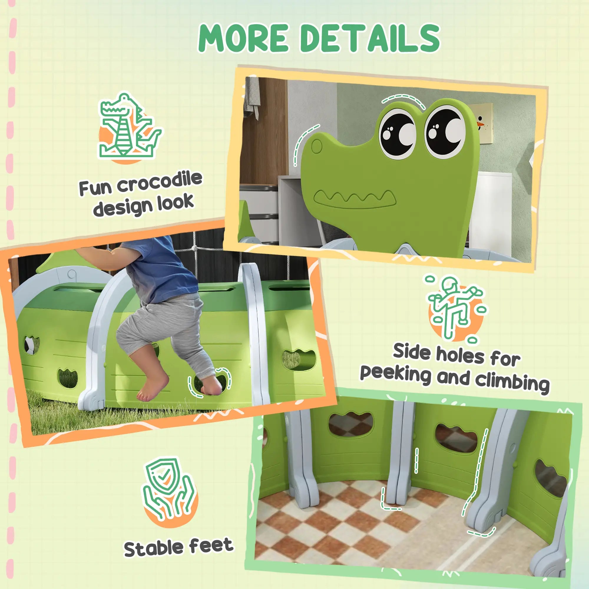 Crocodile Design Kids Play Tunnel for Ages 3-6 Crawl and Climb