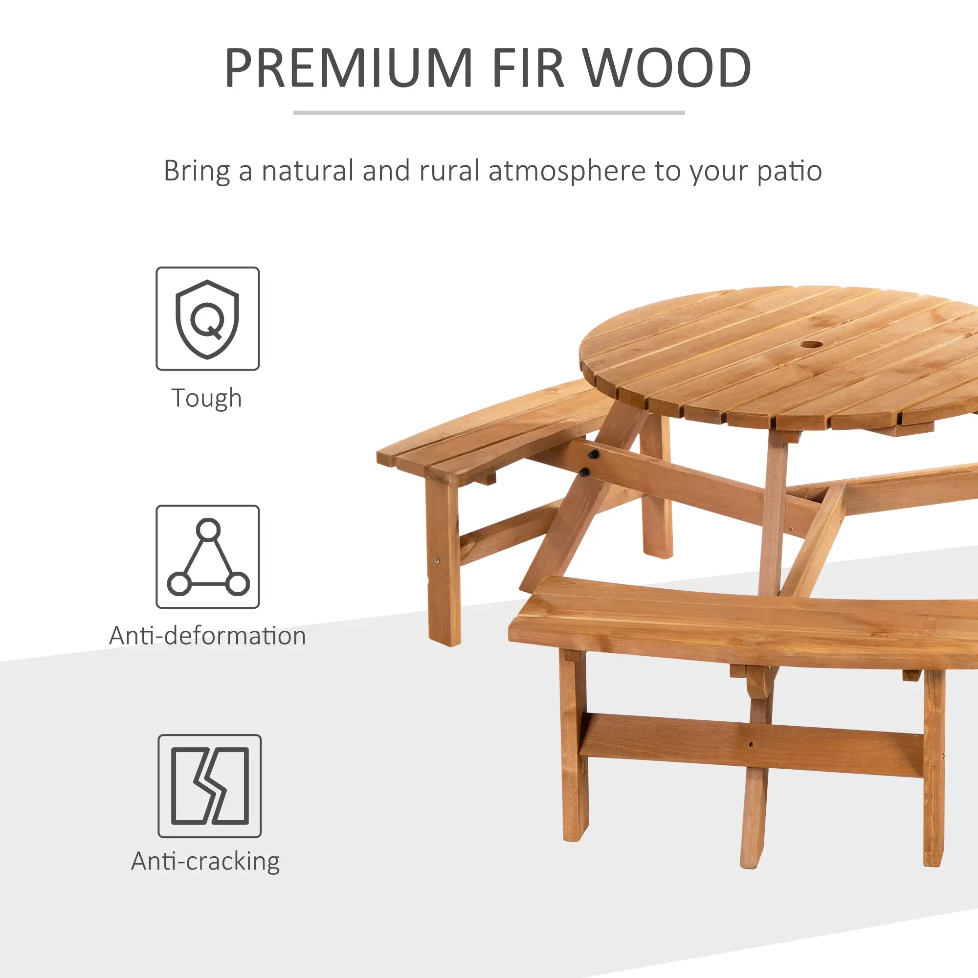 6 Seater Wooden Picnic Table and Garden Benches Set, Round Garden Dining Set with 3 Benches and Umbrella Hole Outdoor Garden Park, Brownish Red