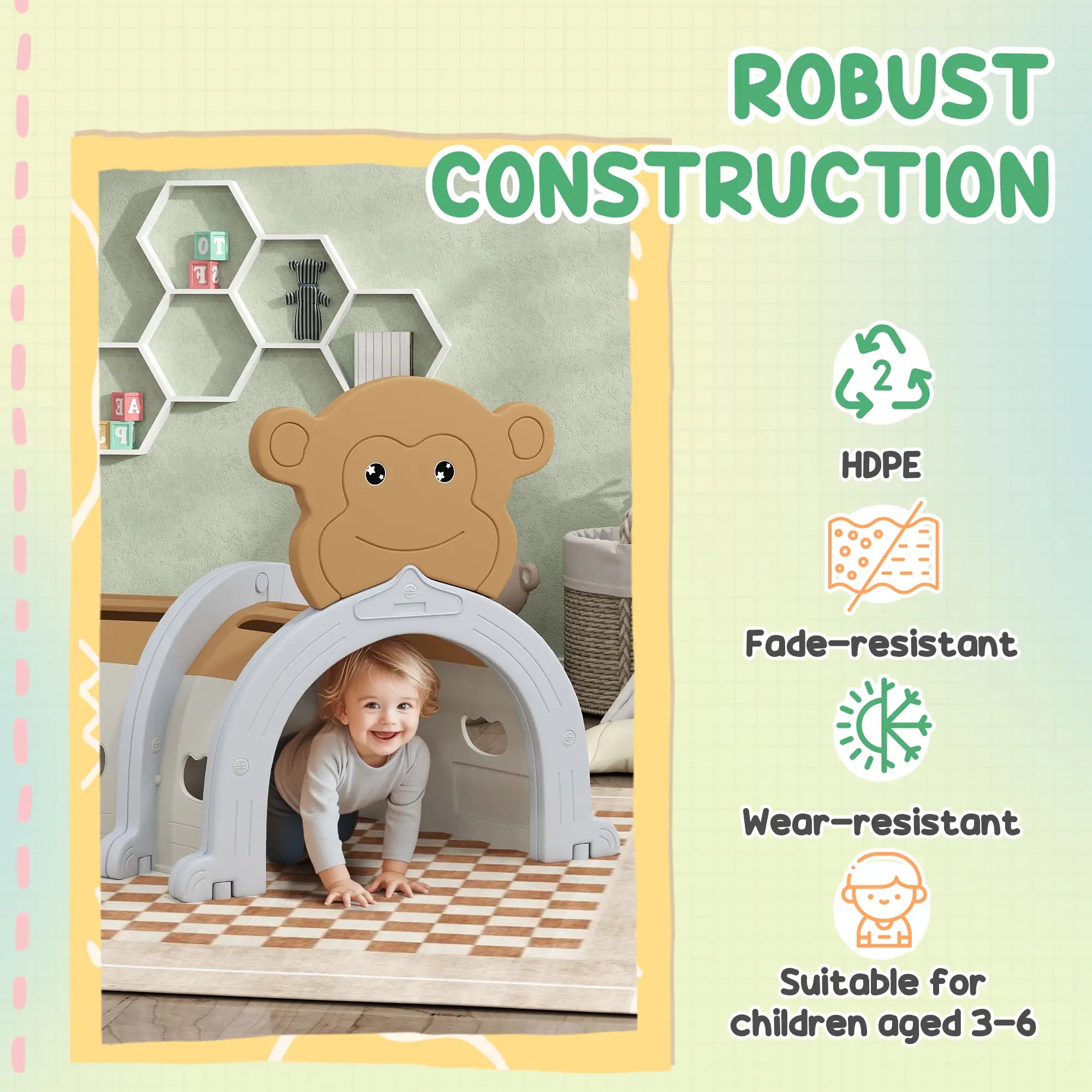 Monkey Design Kids Play Tunnel for Crawl and Climb, for 3-6 Years, Brown