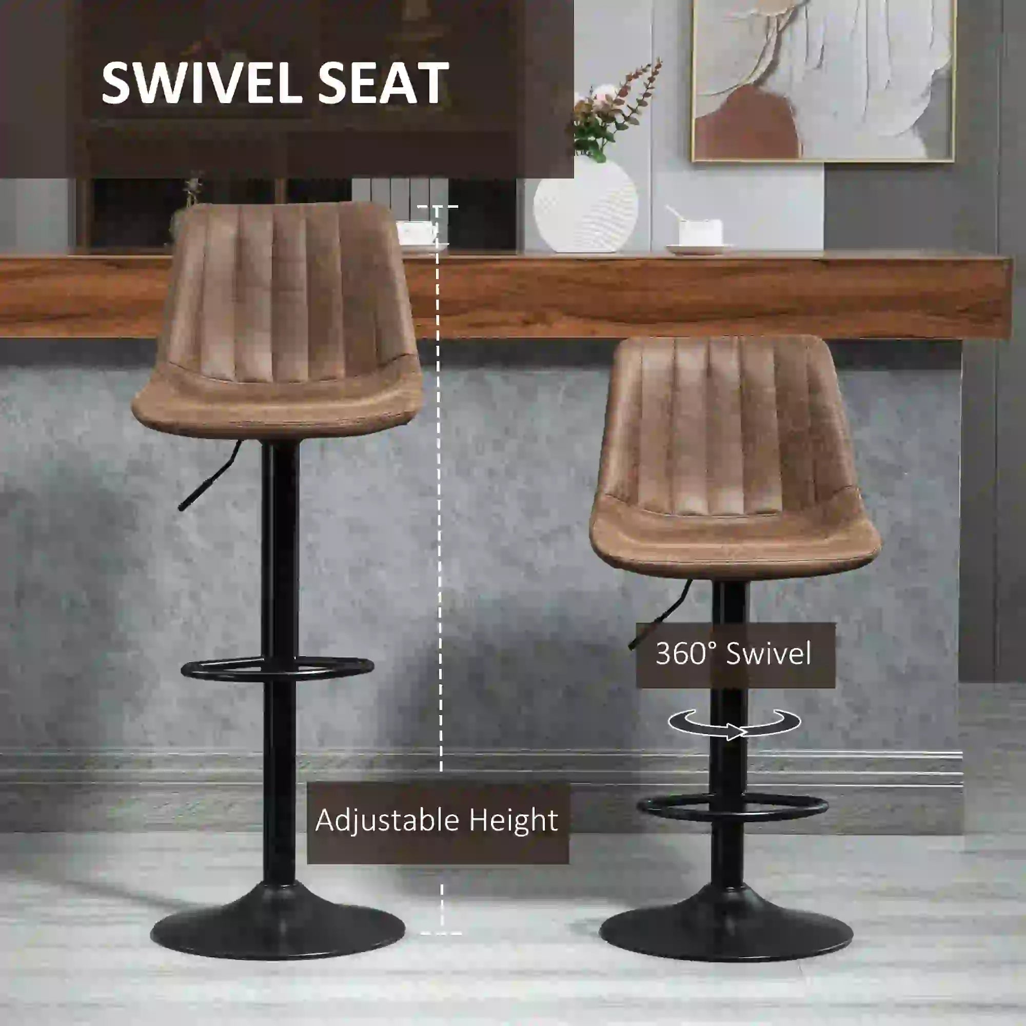 Bar Stools Set of 2, Swivel Counter Height Barstools with Back, Adjustable Bar Chairs, Breakfast Dining Stools for Kitchen Island Counter with Adjustable Steel Footrest & Base, Brown 5