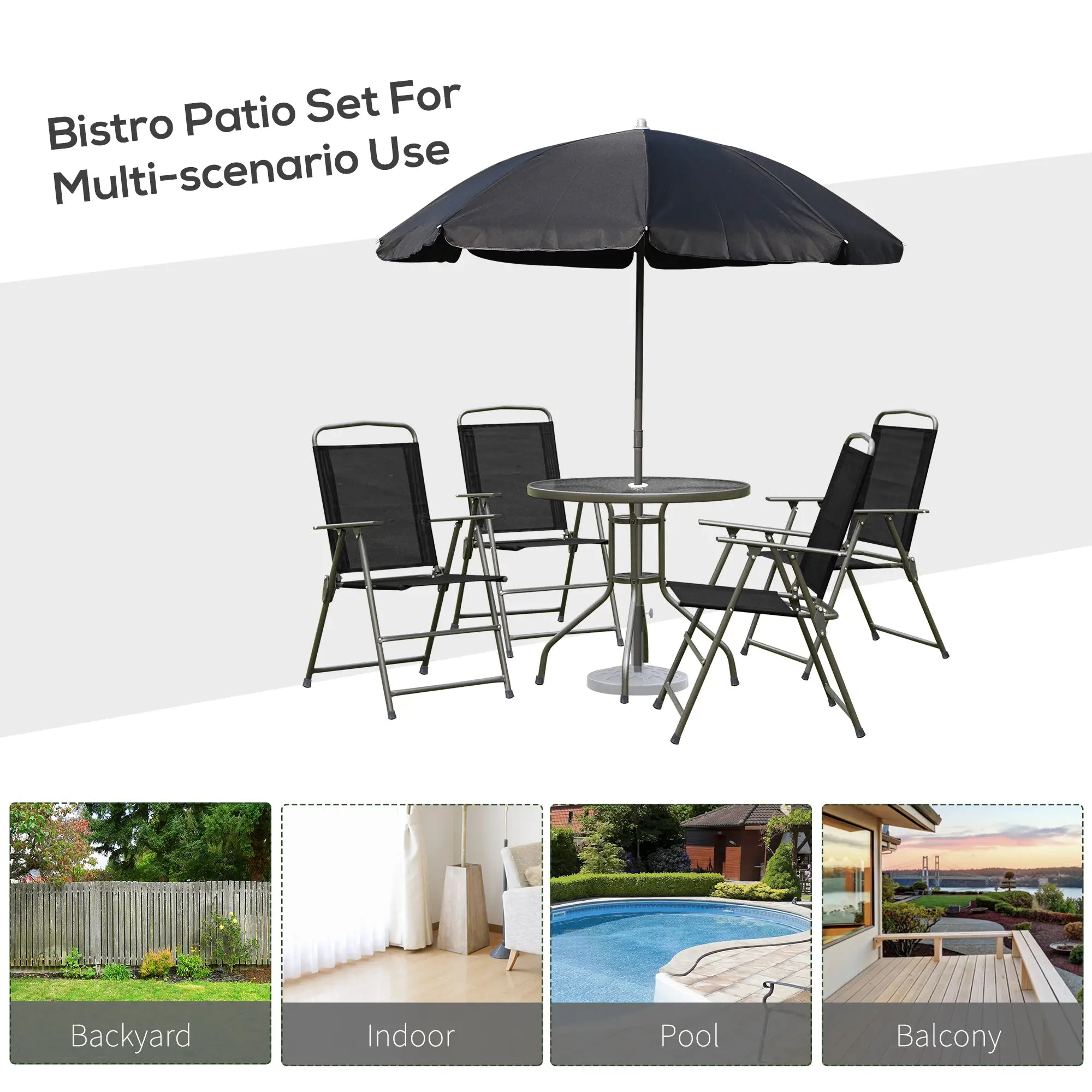 6 Piece Garden Dining Set with Umbrella, Patio Sets with Parasol with 4 Folding Dining Chairs & Round Tempered Glass Table, Black