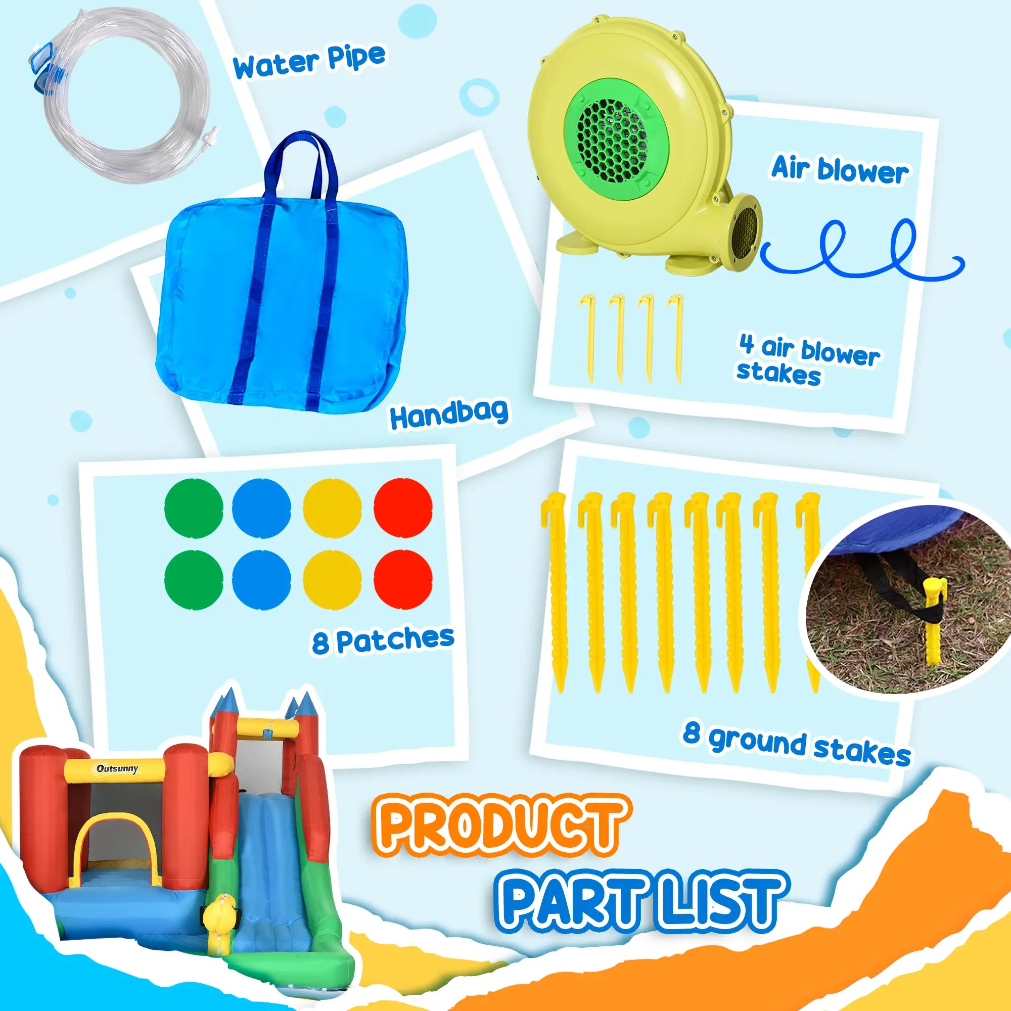 Kids Inflatable Bouncy Castle Water Slide 6 in 1 Bounce House Jumping Castle Water Pool Gun Climbing Wall Basketball Hoop with Air Blower for Summer Playland