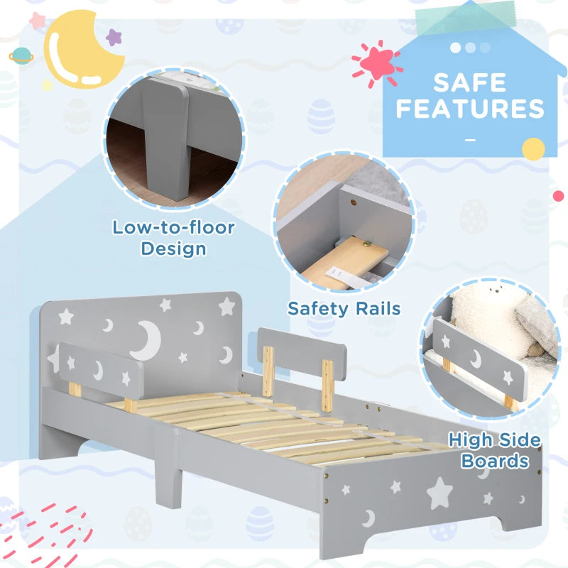 Kids Toddler Bed, with Star and Moon Patterns, Side Rails, for Ages 3-6 Years - Grey