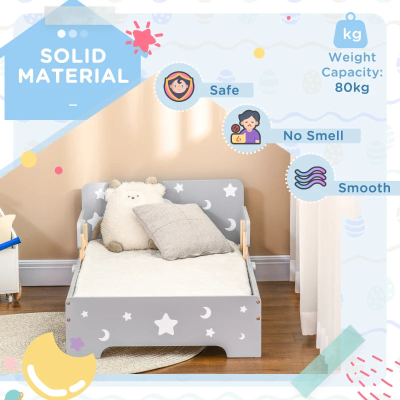 Kids Toddler Bed, with Star and Moon Patterns, Side Rails, for Ages 3-6 Years - Grey