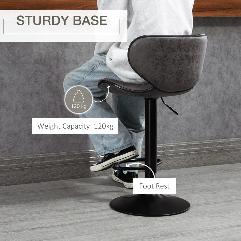 Adjustable Bar Stools Set of 2, Swivel Leathaire Upholstered Barstools with Large Seat, Breakfast Bar Chairs with Back, Footrest and Steel Base, Dark Grey