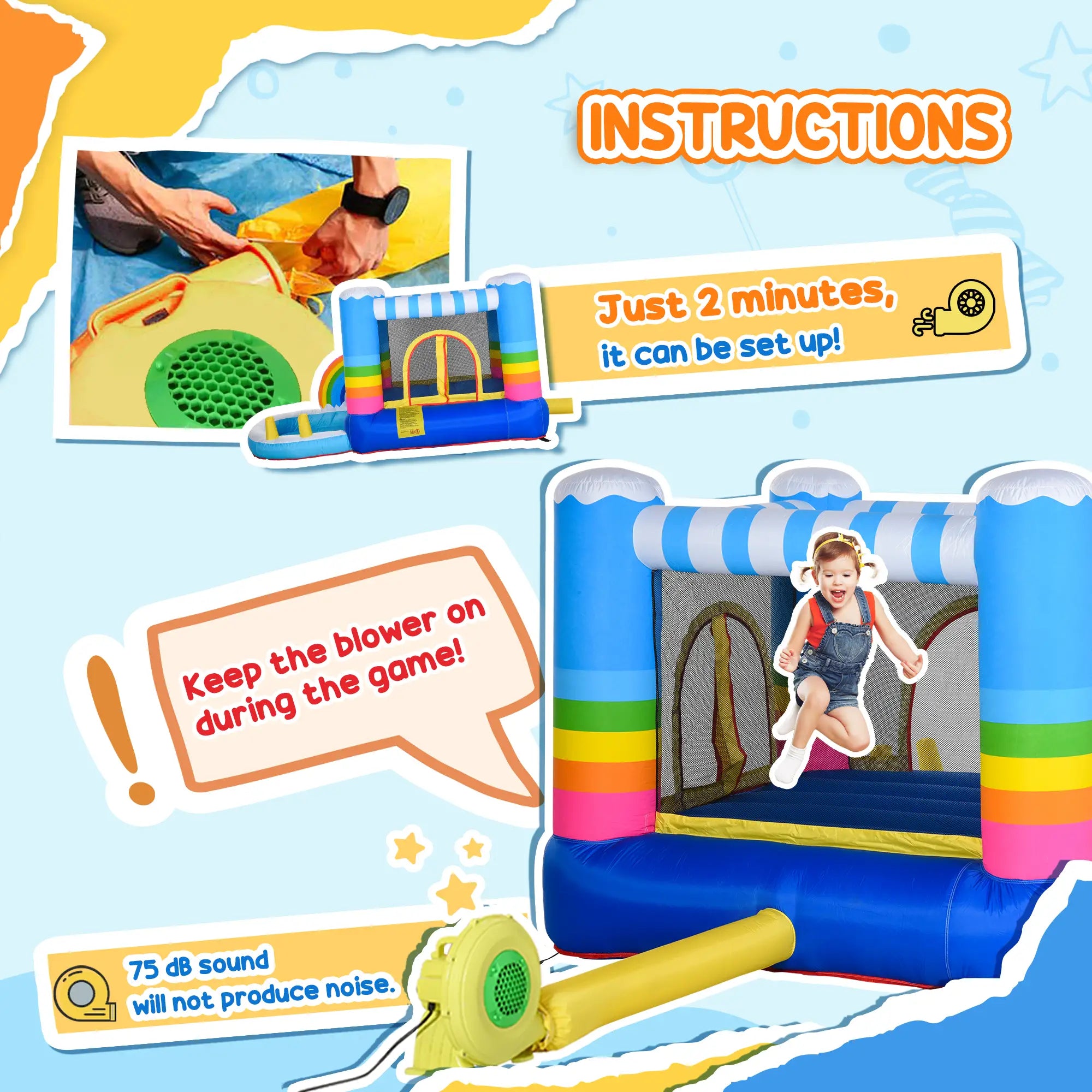 Kids Bounce Castle Inflatable House with Trampoline Pool Climbing Wall with Inflator Carrybag, 2.8 x 1.7 x 1.55m