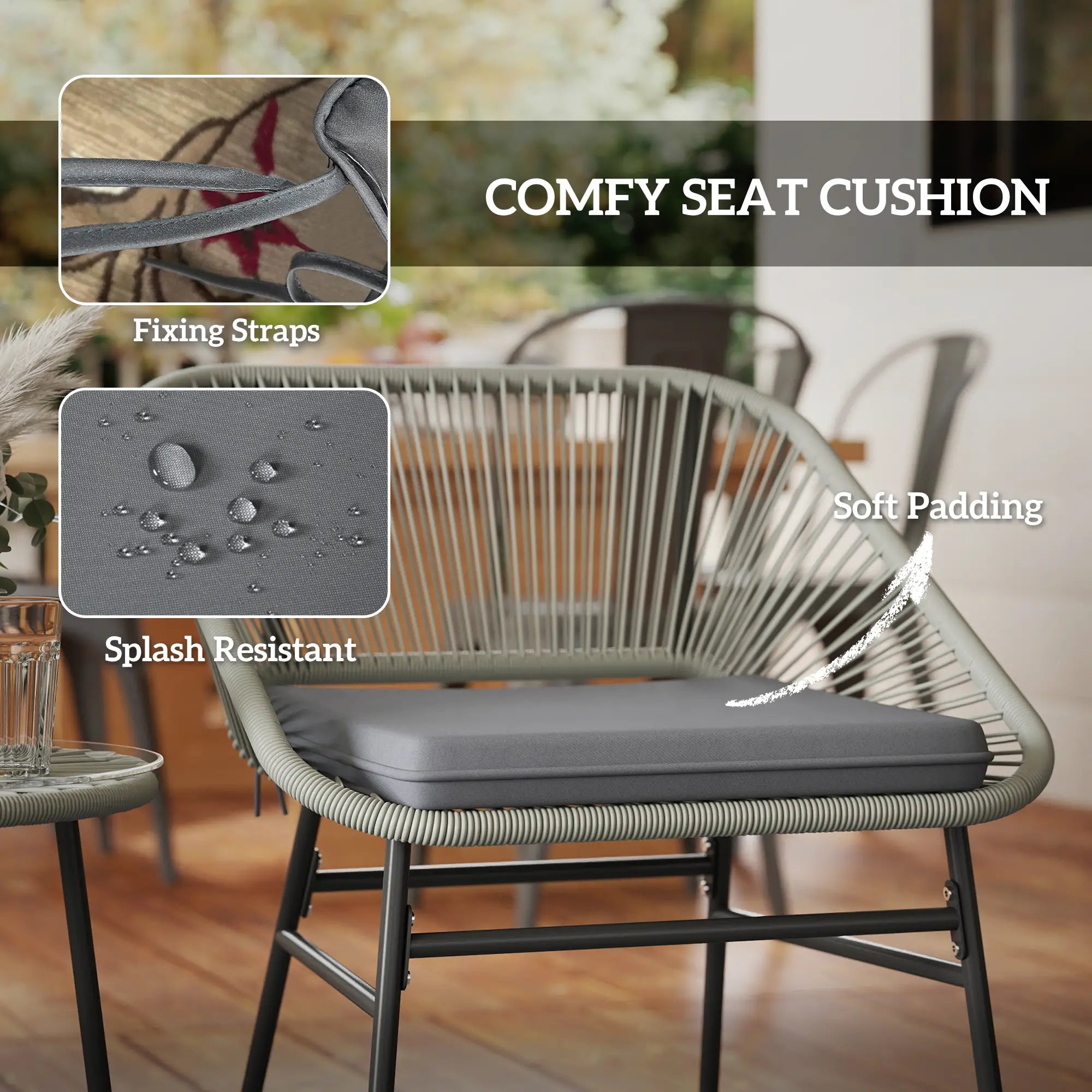 3 Pieces Rattan Bistro Set, Wicker Small Garden Table and Chairs Set with Cushions and Glass Top Coffee Table, Bistro Garden Furniture Set for Outdoor, Patio, Balcony, Light Grey