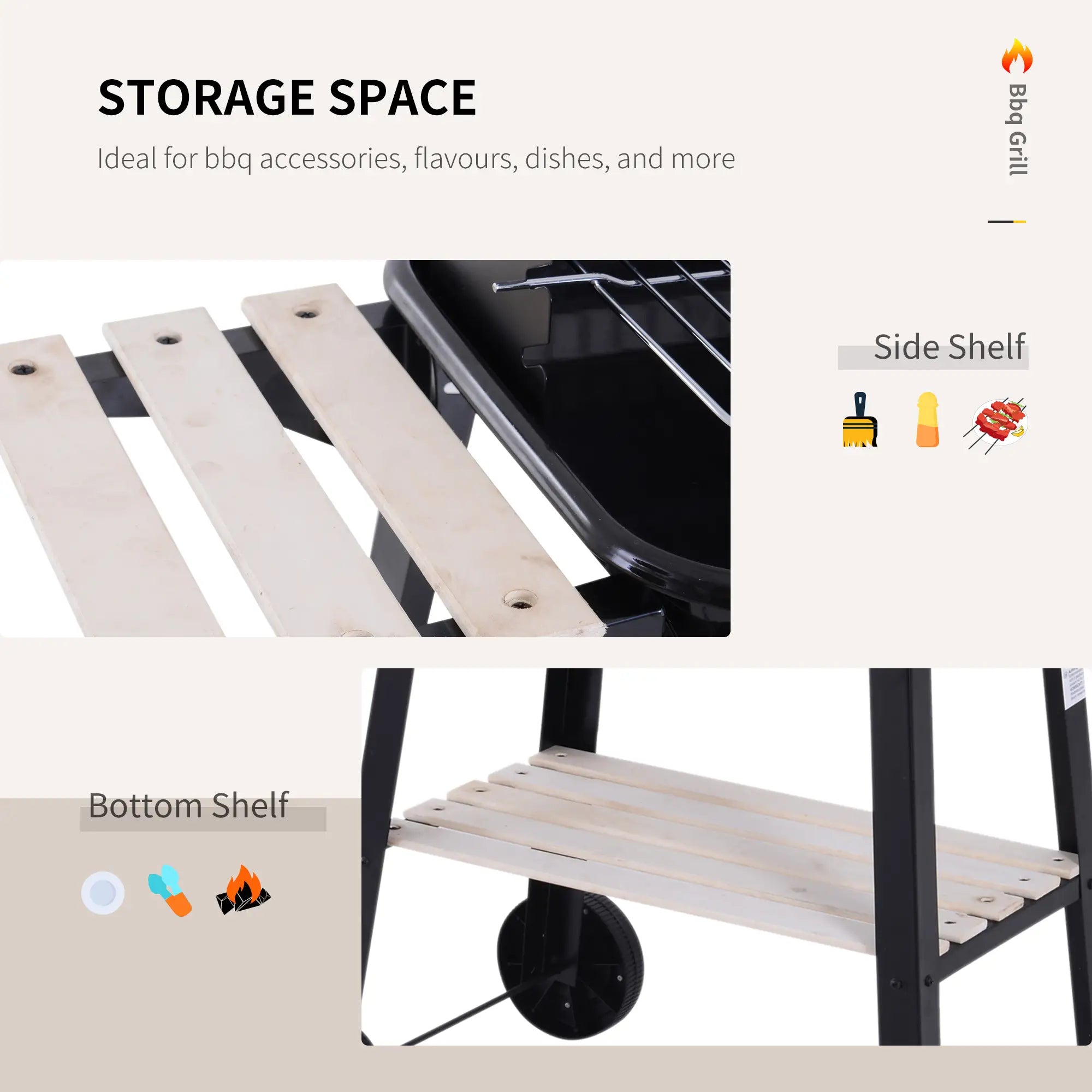 Trolley Charcoal BBQ Barbecue Grill Outdoor Patio Garden Heating Smoker with Side Trays Storage Shelf and Wheels