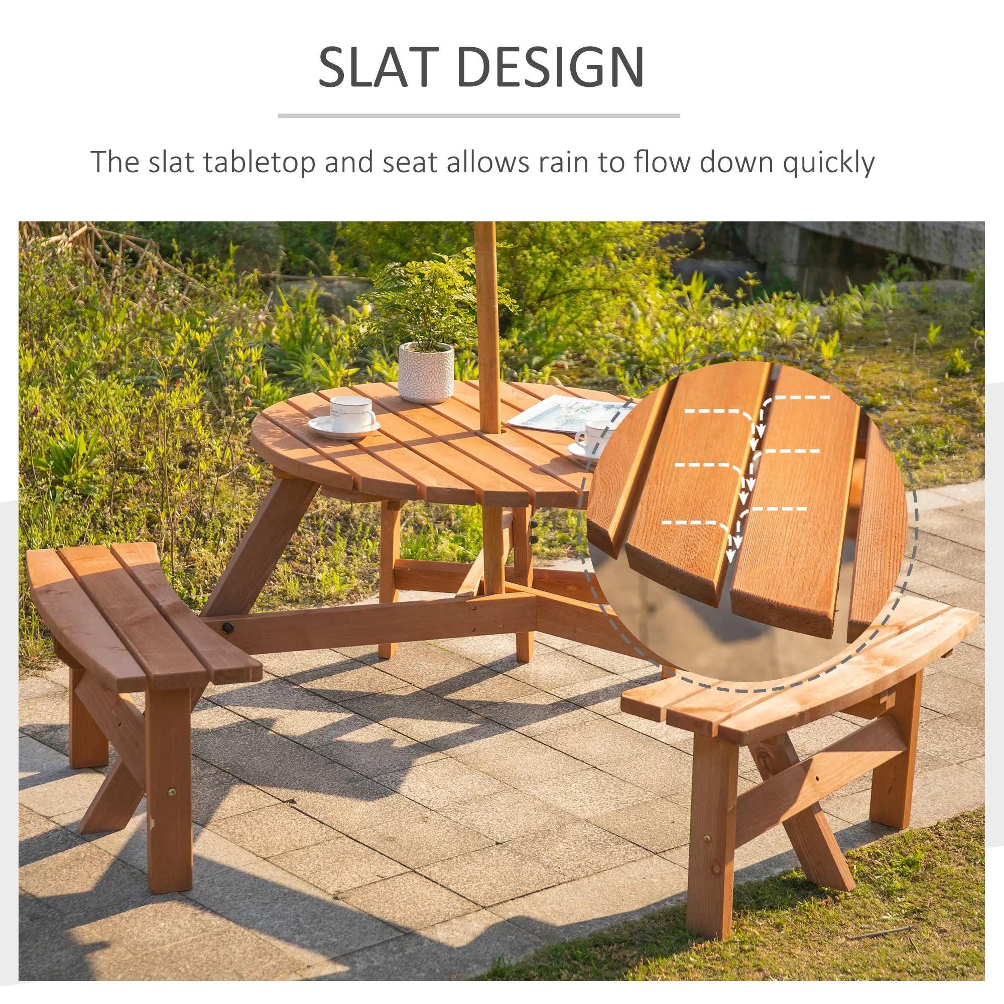 6 Seater Wooden Picnic Table and Garden Benches Set, Round Garden Dining Set with 3 Benches and Umbrella Hole Outdoor Garden Park, Brownish Red