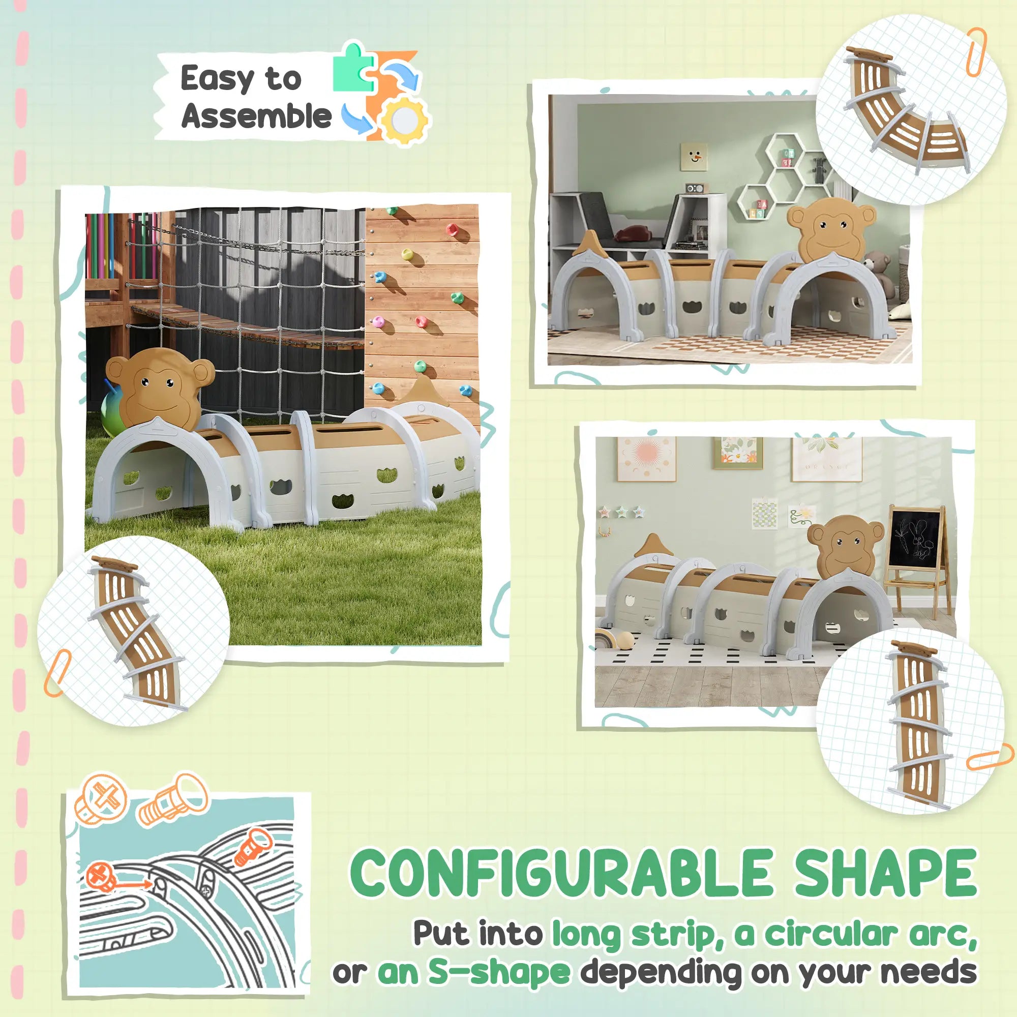 Monkey Design Kids Play Tunnel for Crawl and Climb, for 3-6 Years, Brown