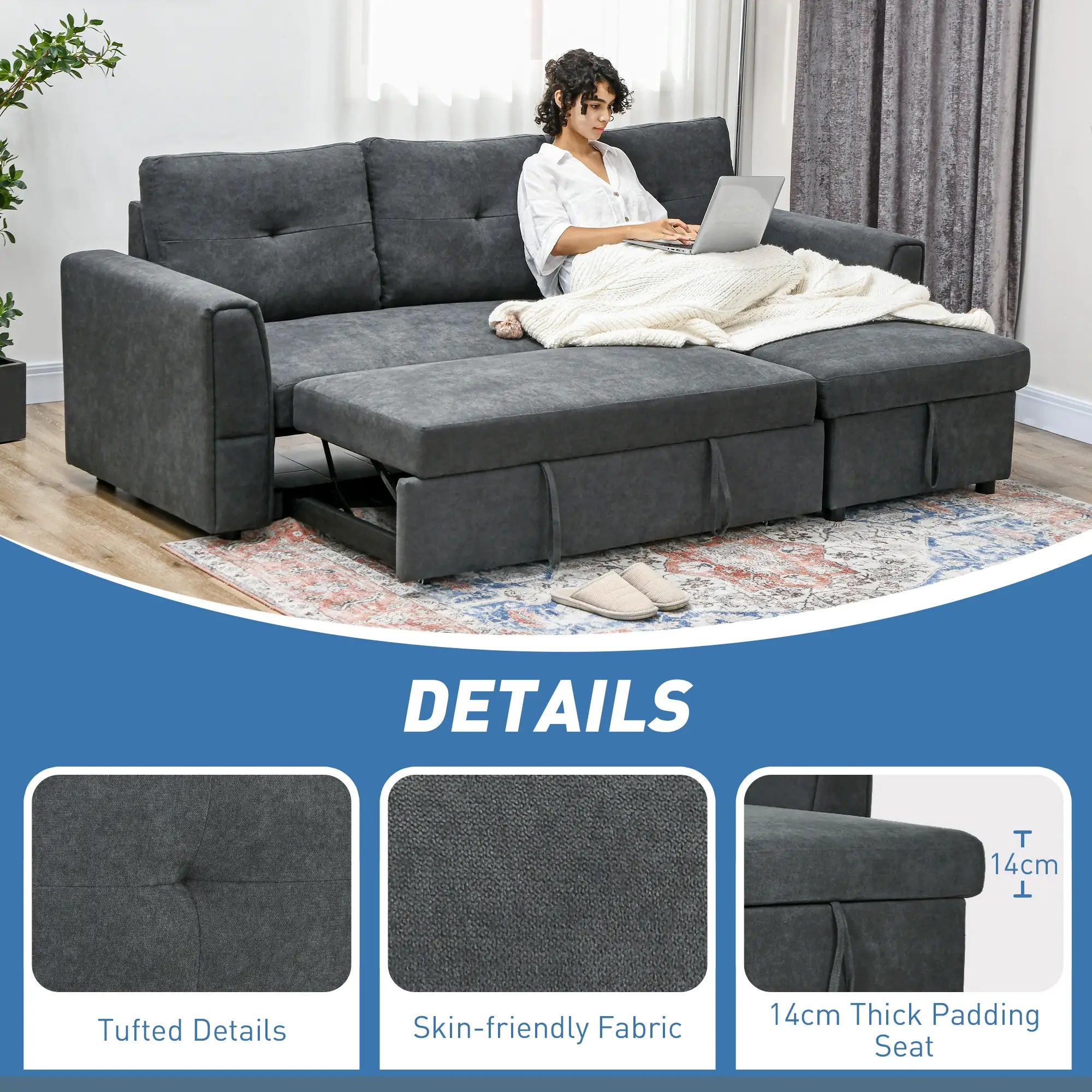 3 Seater Sofa Bed, L Shaped Pull Out Sofa Bed with Storage, Convertible Click Clack Settee Sectional Sleeper Futon for Living Room, Office, Dark Grey