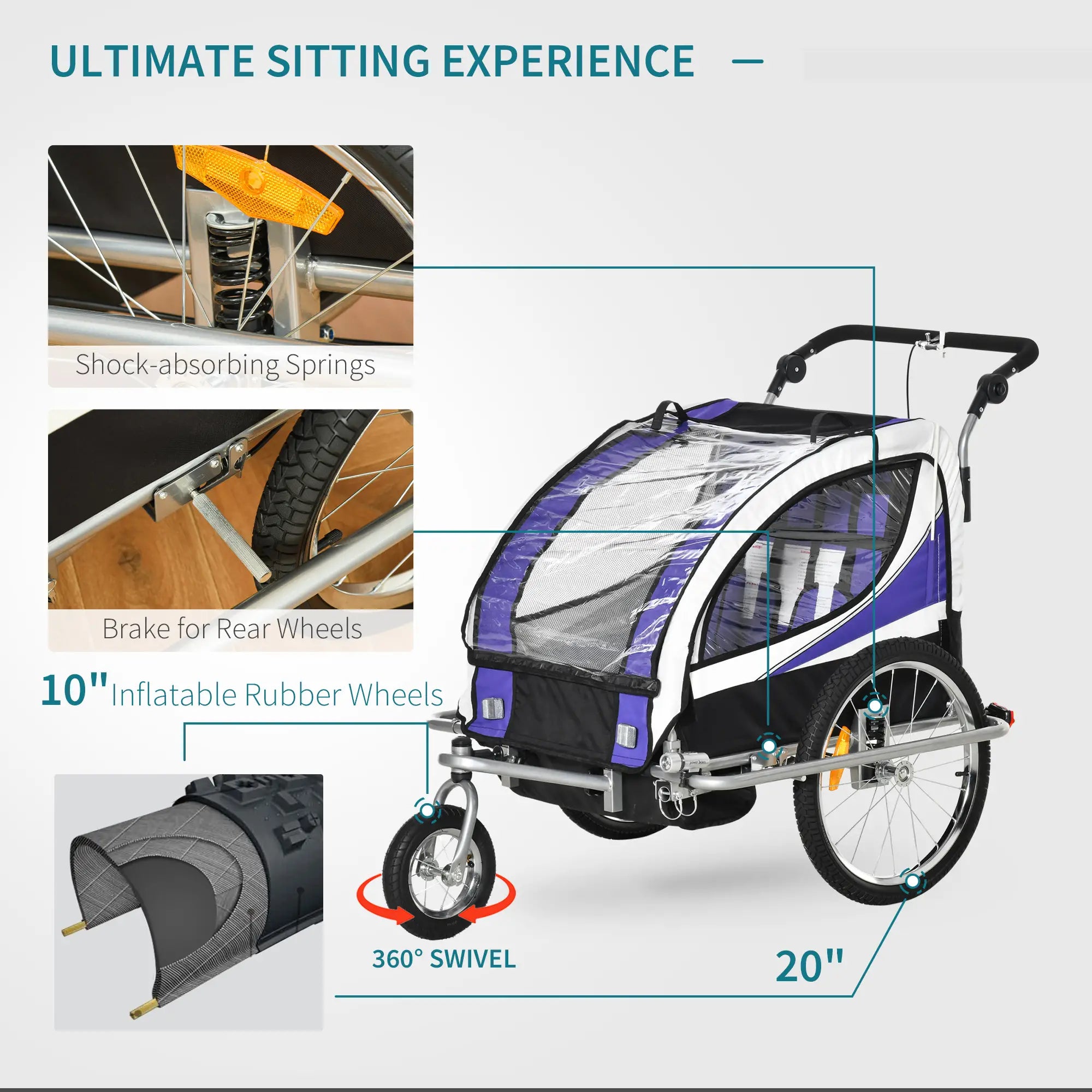 Baby Bike Trailer, Child Bicycle Trailer with 5 Point Harness, Steel Frame, Reflectors, Safety Flag, Hitch Coupler, Purple