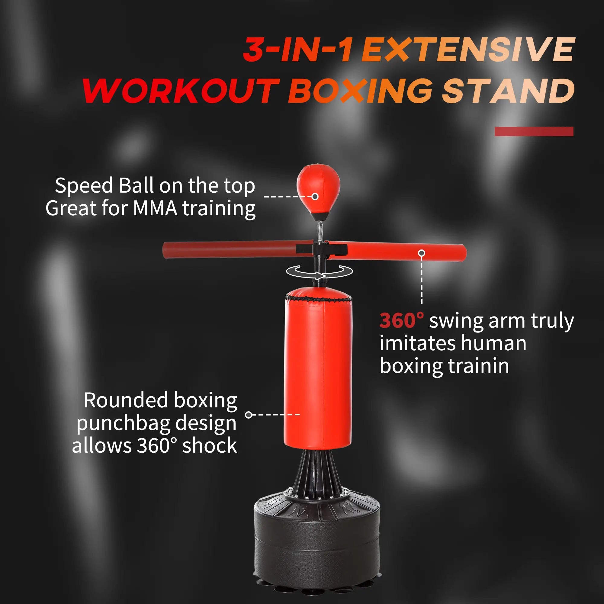155-205cm 3-IN-1 Freestanding Boxing Punching Bag Stand, Boxing Speed Trainer with Rotating Flexible Arm, Speed Ball, Fillable Base, Red