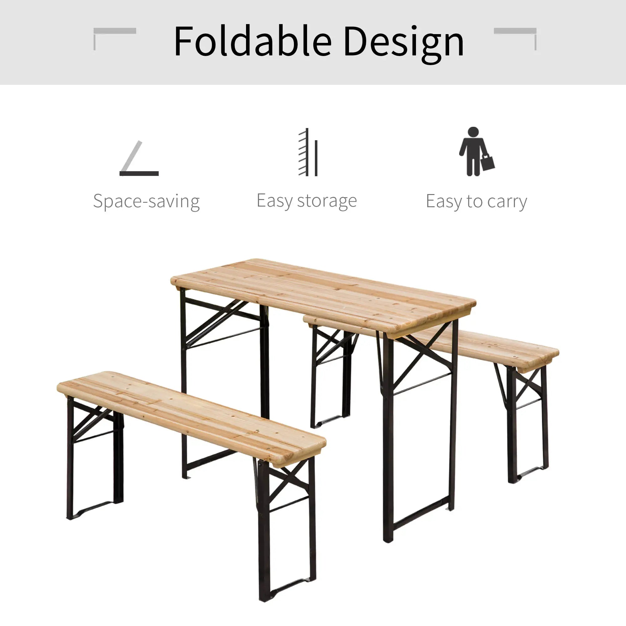 Portable Folding Camping Picnic Trestle Beer Table and Bench Set Garden BBQ Chairs Stools Wooden Wood (120cm(L) x 25cm(W) x 46cm(H))