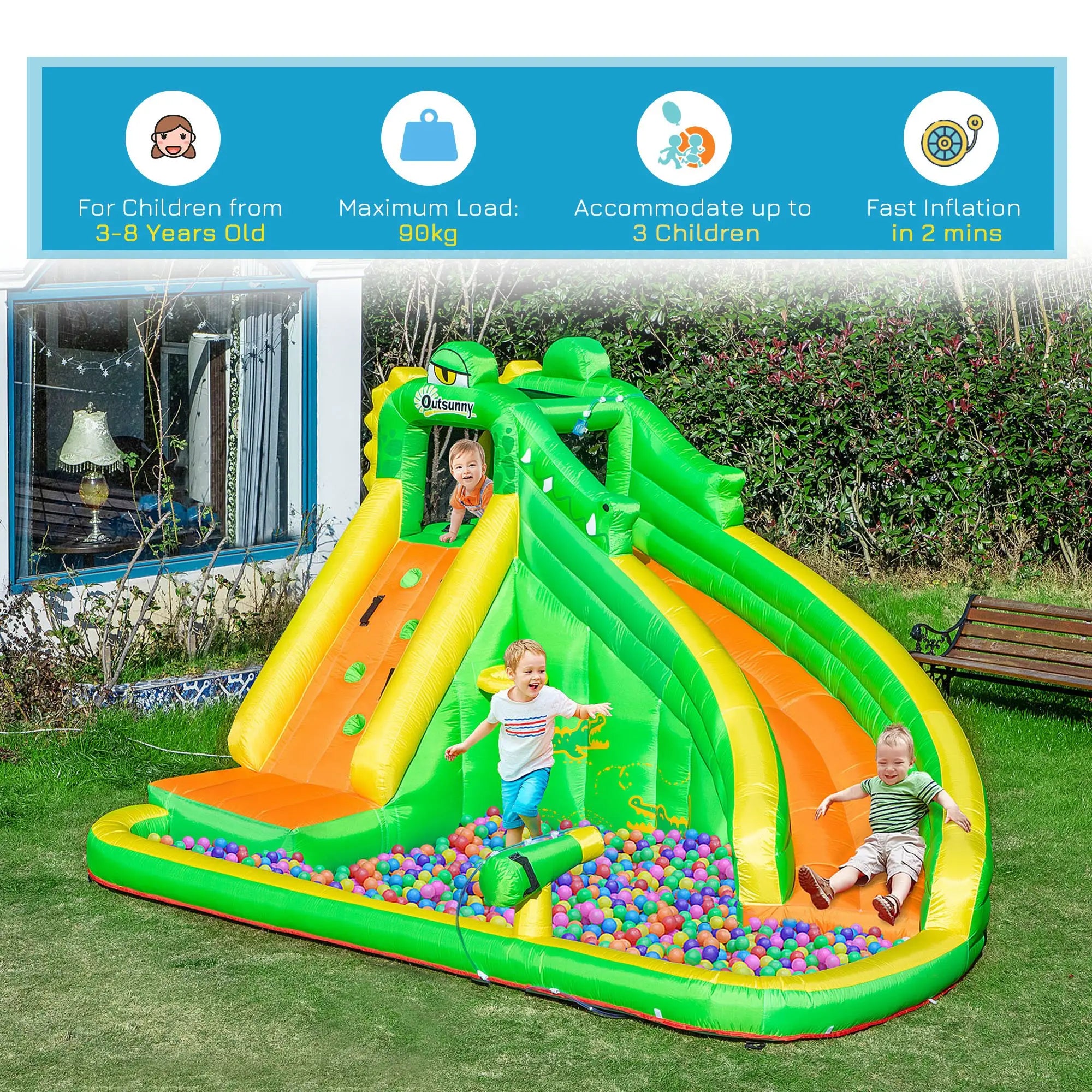 5 in 1 Kids Bouncy Castle Large Crocodile Style Inflatable House Slide Basket Water Pool Gun Climbing Wall with Blower Carrybag for Kids Age 3-8, 3.85 x 2.85 x 2.25m