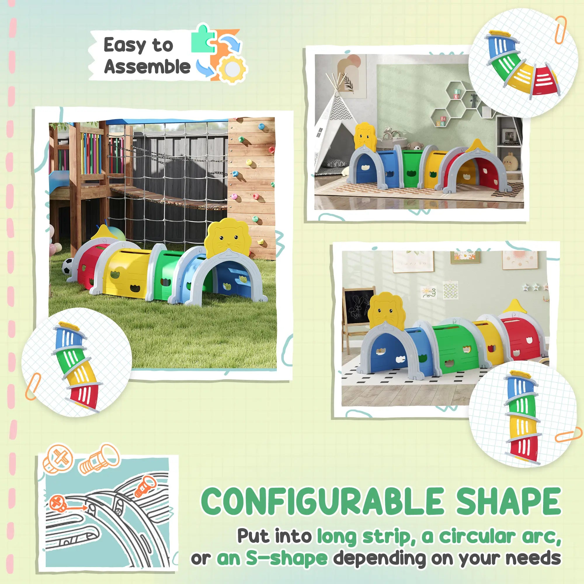 Kids Play Tunnel for 3-6 Years Crawl and Climb, Lion Design, Indoor & Outdoor