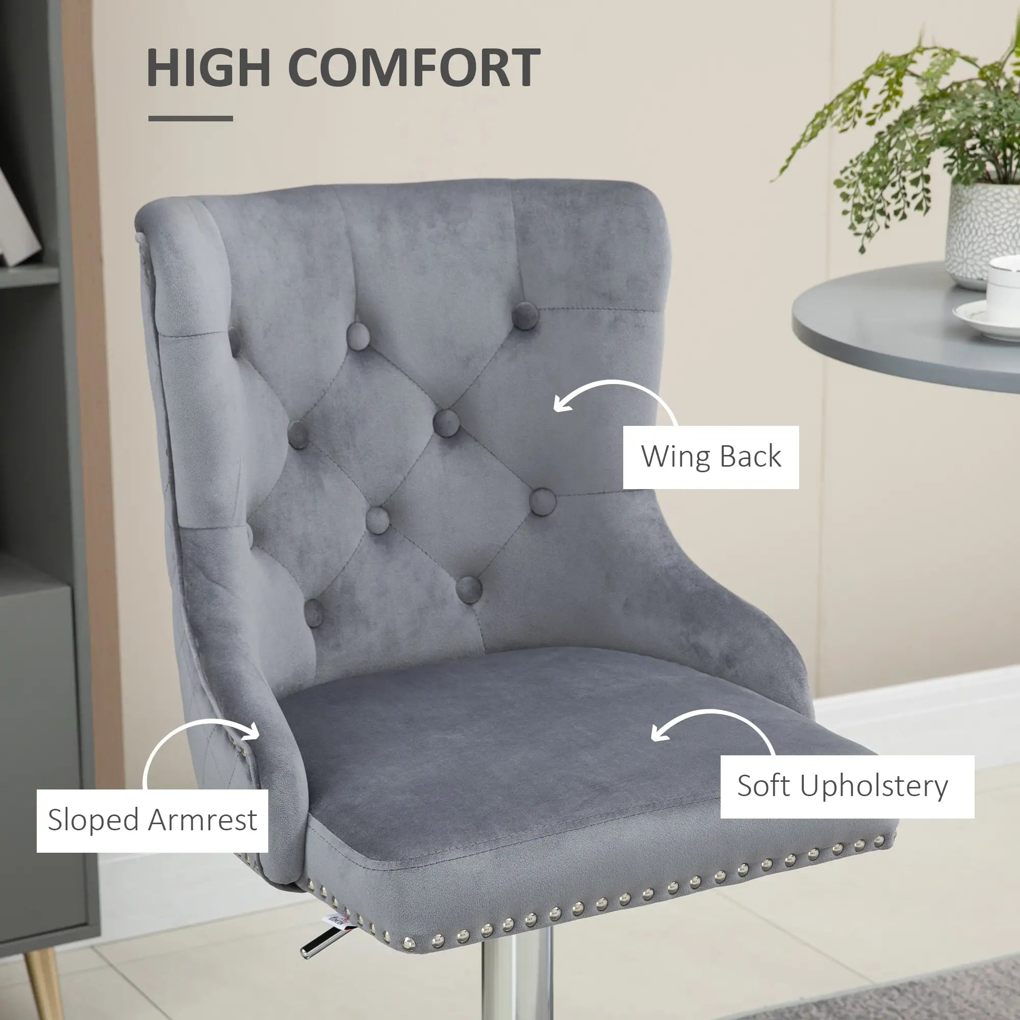 Bar Stools Set of 2, Modern Swivel & Adjustable Velvet Barstools with Button Tufted Back, Footrest, Nailhead Trim for Home Bar, Grey