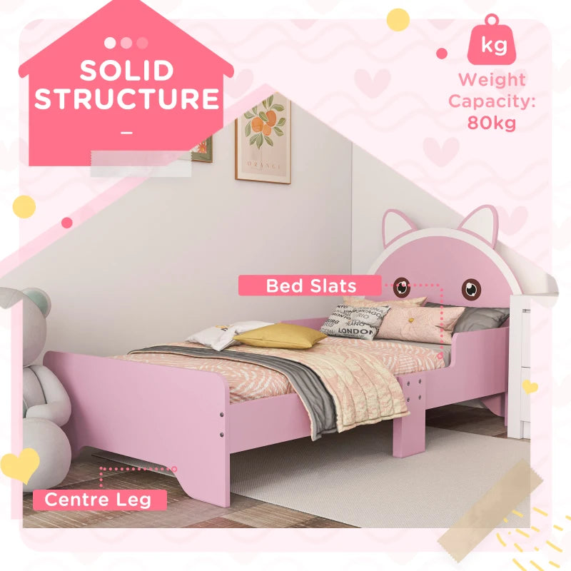 Bed for Kids Cat Design Toddler Bed Frame Bedroom Furniture with Guardrails, for 3-6 Years, 143L x 74W x 72Hcm - Pink