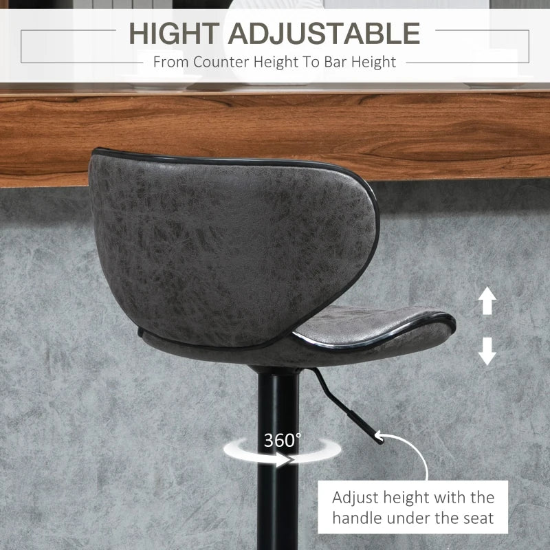 Adjustable Bar Stools Set of 2, Swivel Leathaire Upholstered Barstools with Large Seat, Breakfast Bar Chairs with Back, Footrest and Steel Base, Dark Grey