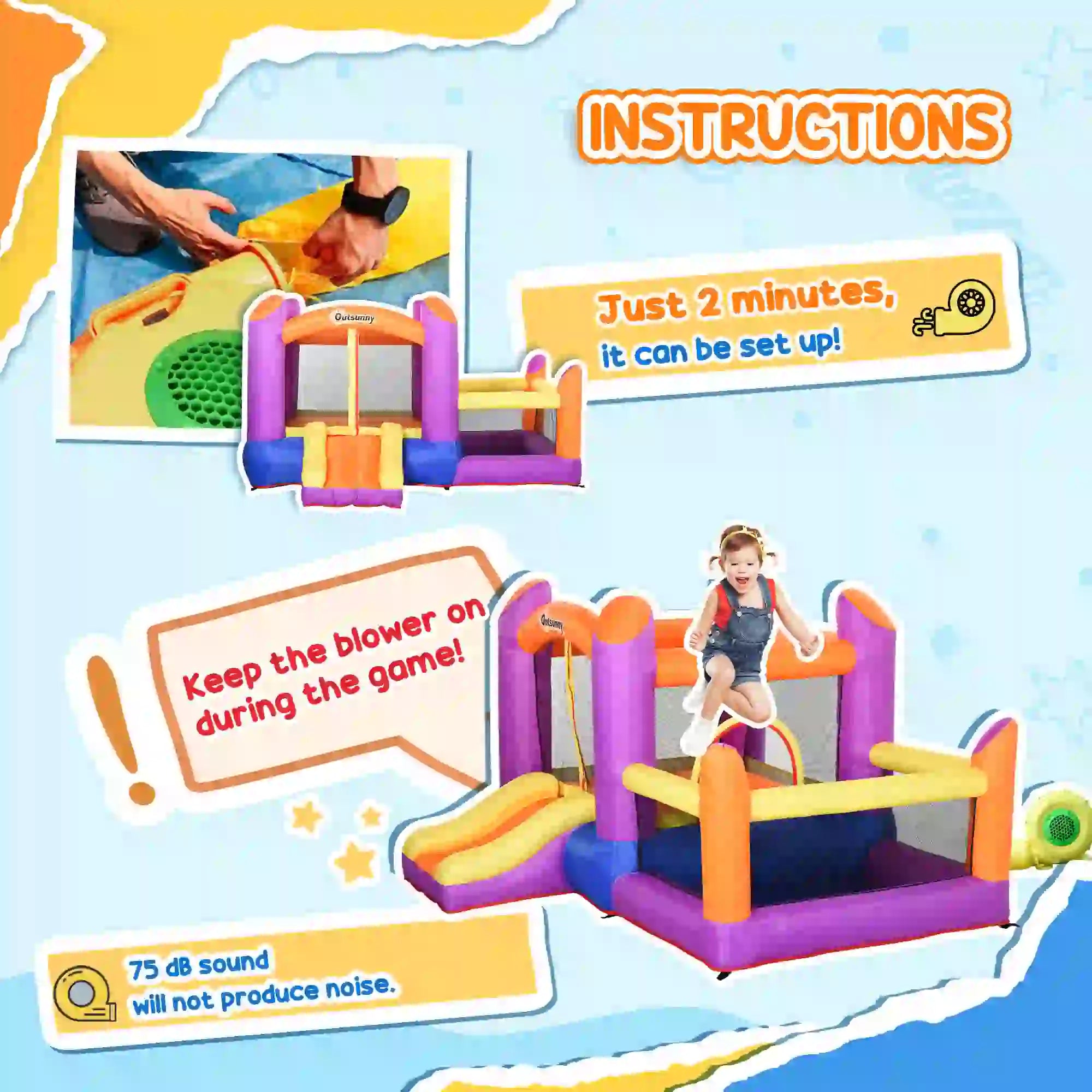 Kids Bouncy Castle House Inflatable Trampoline Slide Water Pool 3 in 1 with Blower for Kids Age 3-8 Multi-color 2.8 x 2.5 x 1.7m