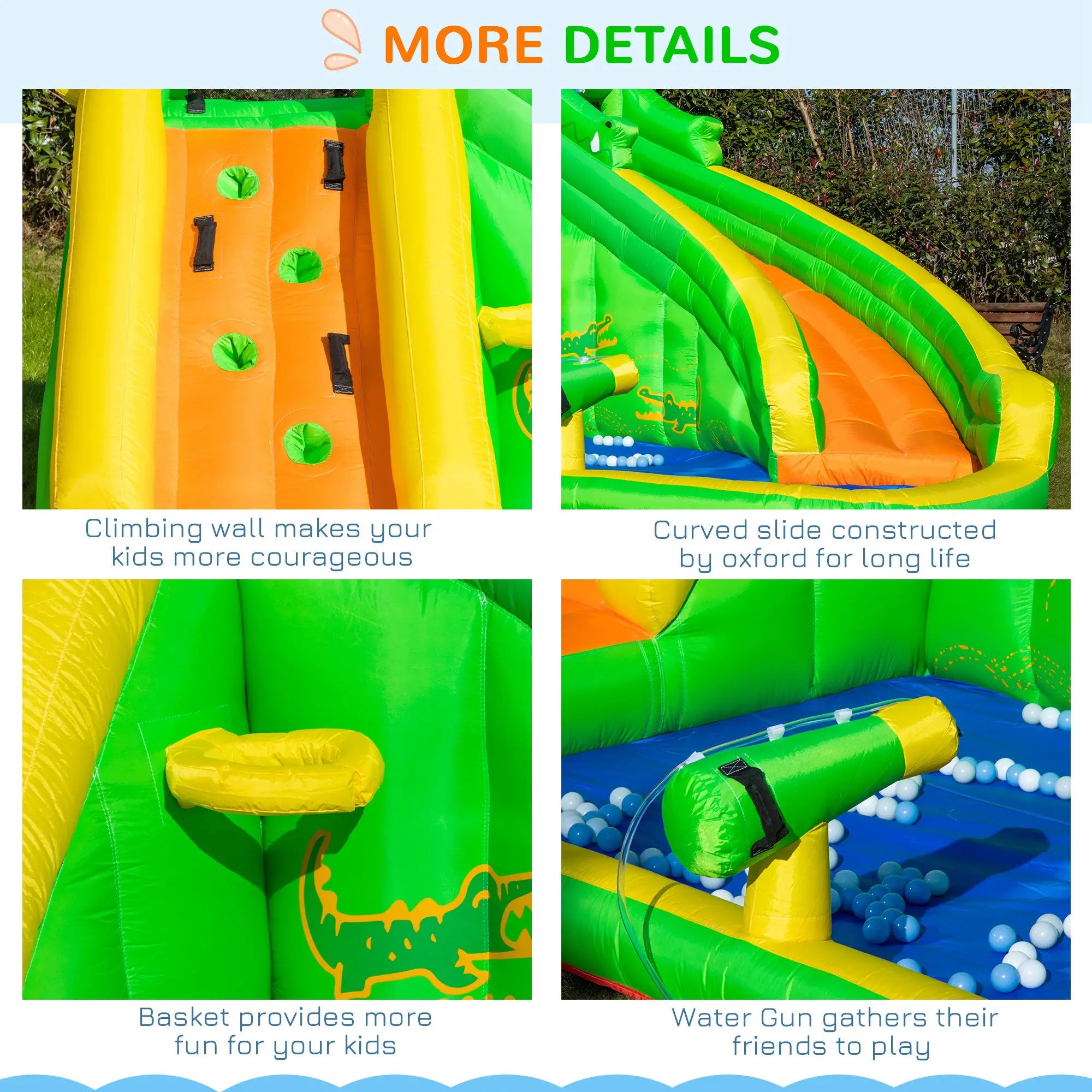 5 in 1 Kids Bouncy Castle Large Crocodile Style Inflatable House Slide Basket Water Pool Gun Climbing Wall with Blower Carrybag for Kids Age 3-8, 3.85 x 2.85 x 2.25m