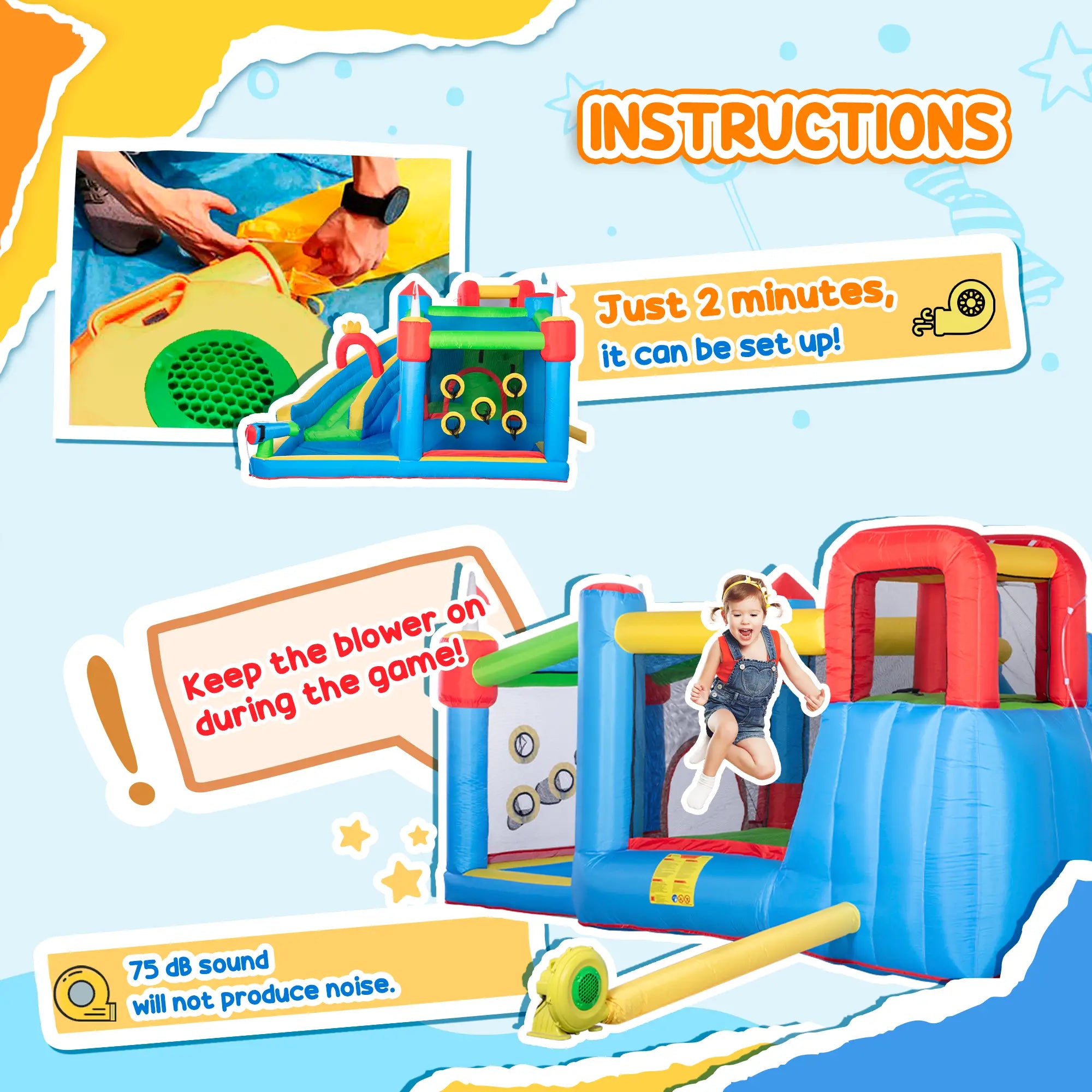Kids Inflatable Bouncy Castle Water Slide 6 in 1 Bounce House Jumping Castle Water Gun Climbing Wall with Air Blower for Age 3-8, 3.9 x 3 x 2m