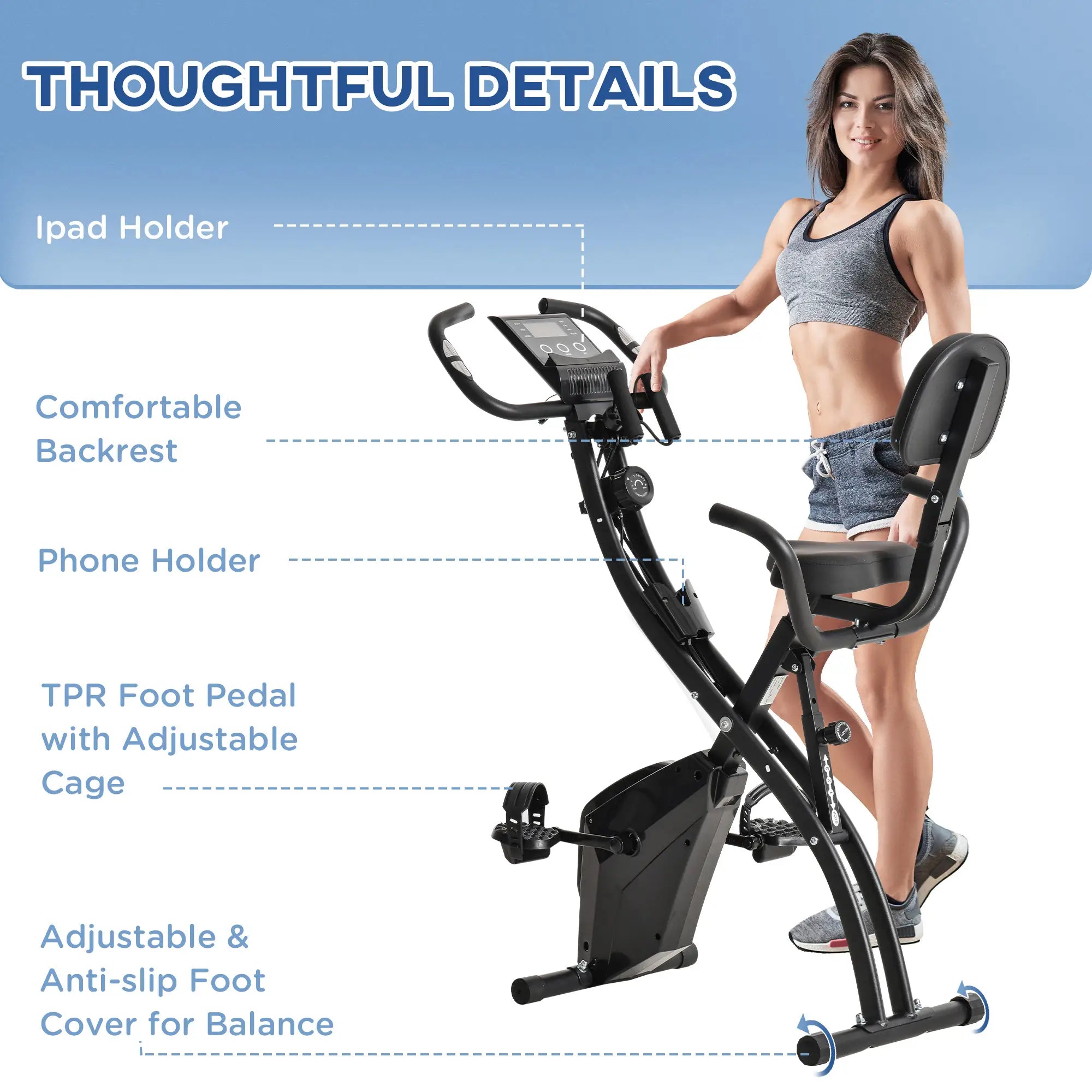 2-in-1 Folding Exercise Bike with 8-Level Magnetic Resistance, Arm Resistance Band, Pulse Sensor, Black