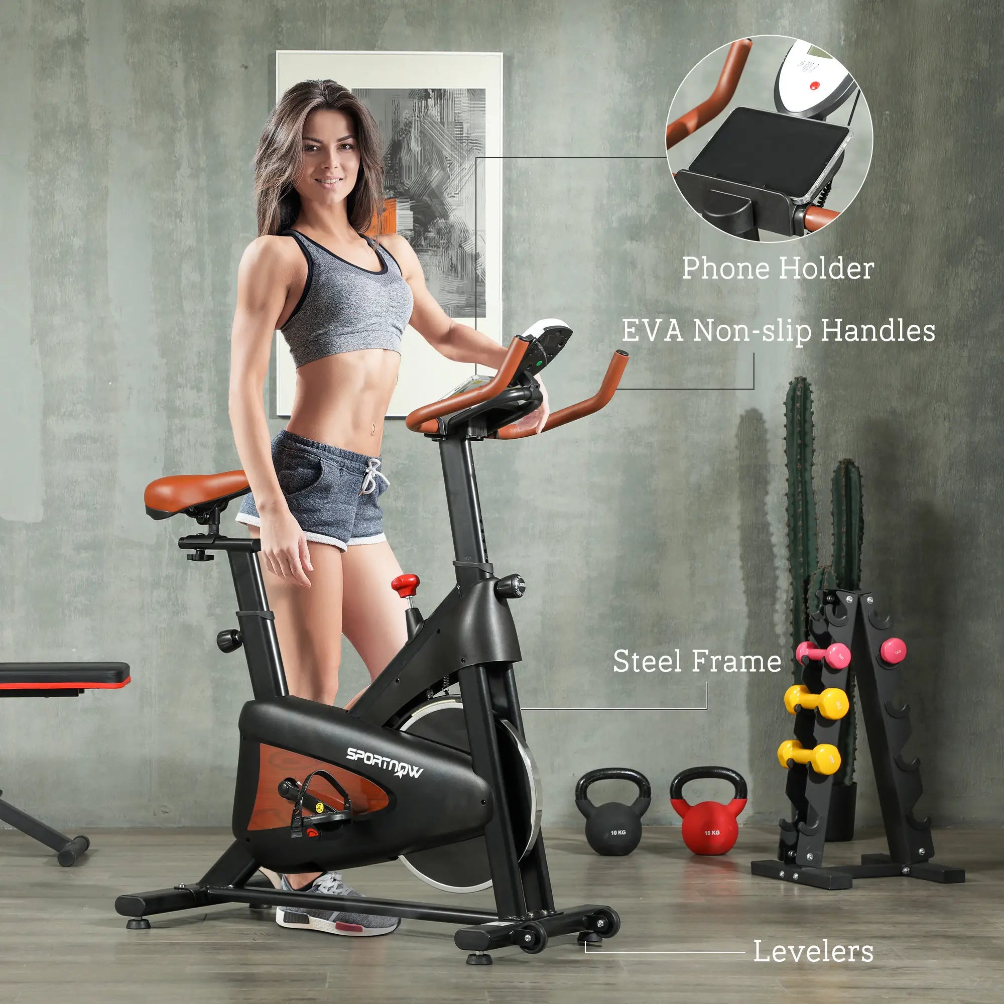 Indoor Exercise Bike, Quiet Stationary Bike, Stylish Cycling Machine with Adjustable Seat and Resistance, LCD Monitor, Tablet Holder, for Home Gym Cardio Workout, Black