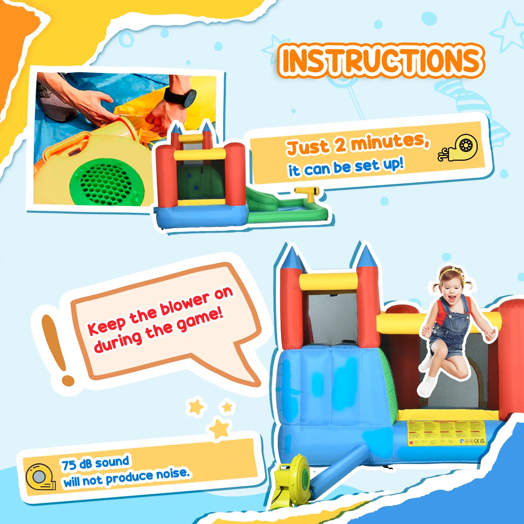 Kids Inflatable Bouncy Castle Water Slide 6 in 1 Bounce House Jumping Castle Water Pool Gun Climbing Wall Basketball Hoop with Air Blower for Summer Playland