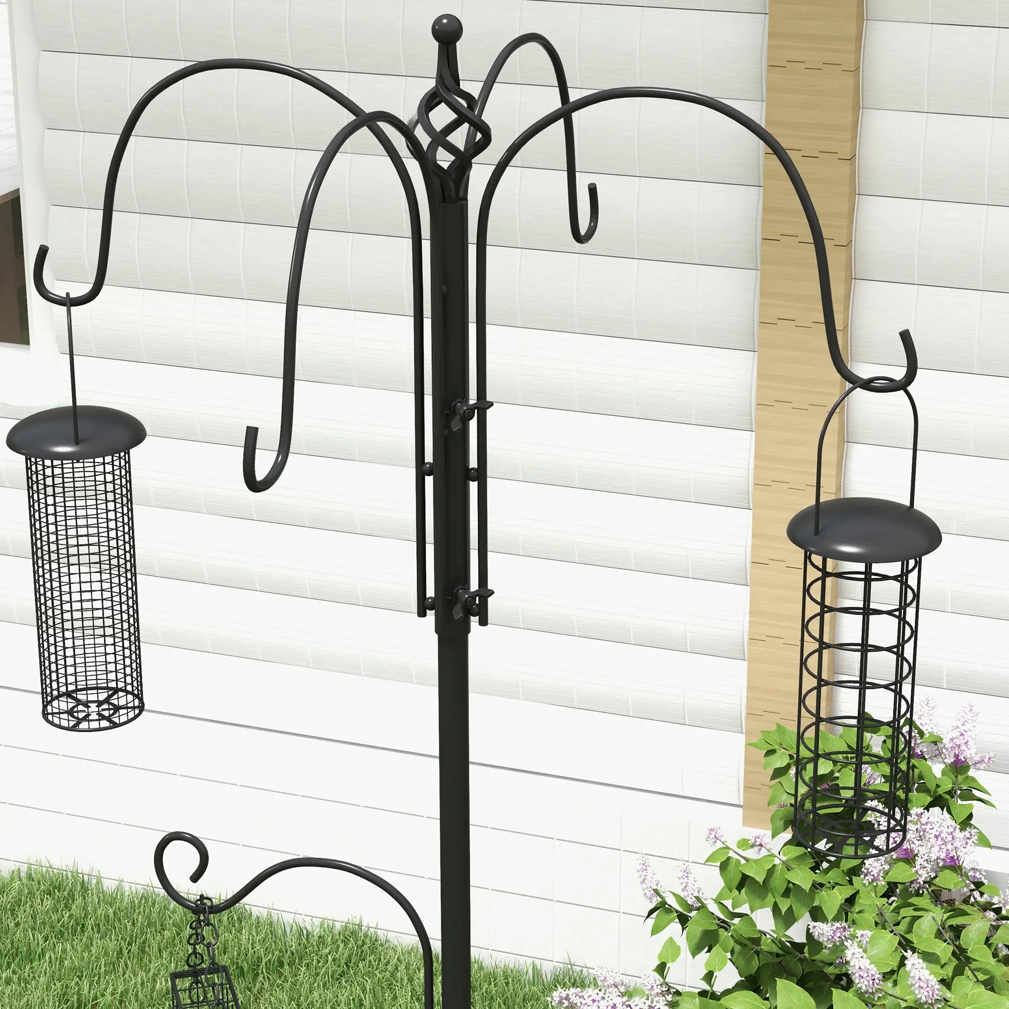 Bird Feeding Station Kit, Wild Bird Feeder Pole with 6 Hooks, 4 Hanging Feeders for Peanuts, Seed, Fat Balls, for Garden, Outdoor, Black