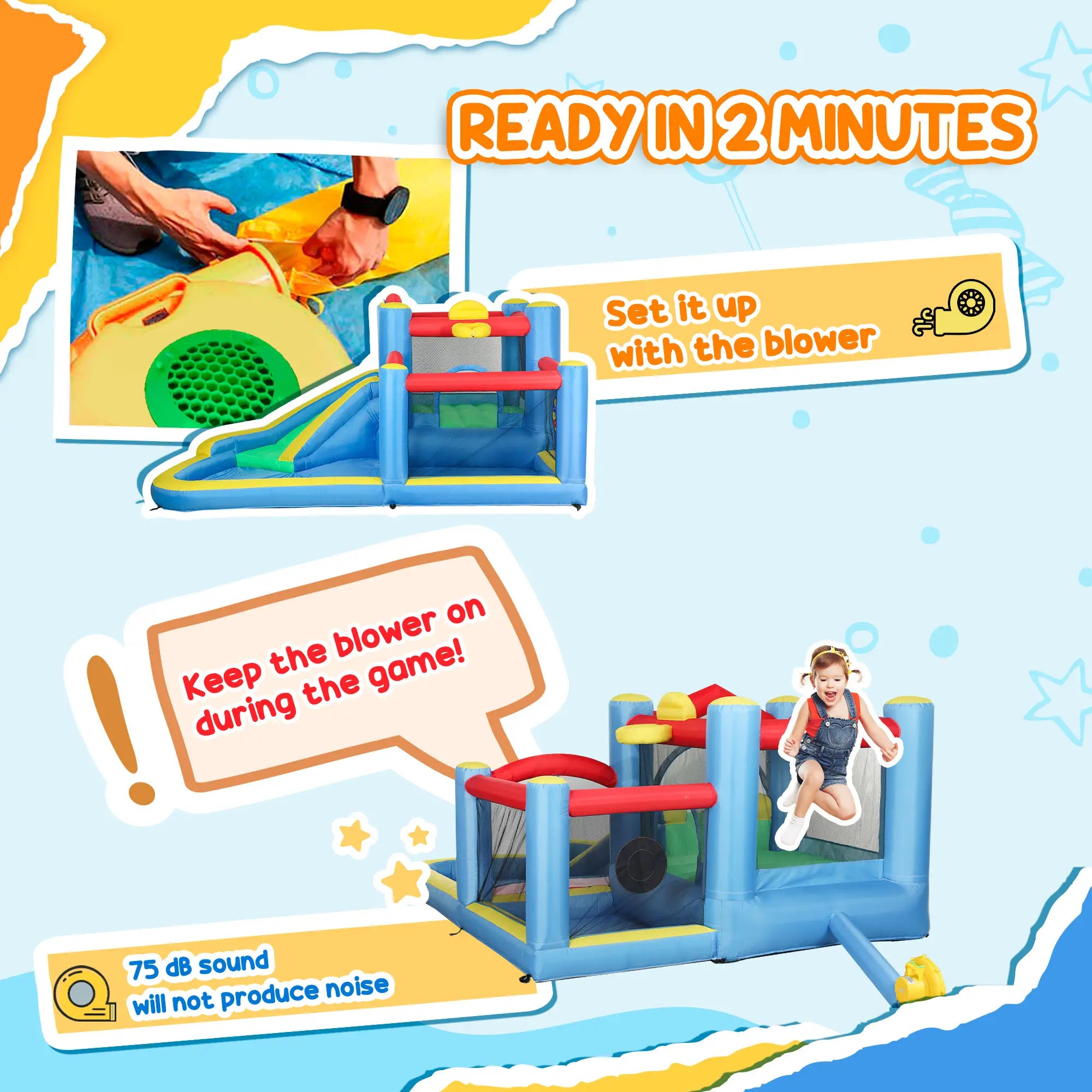 Inflatable Bouncy Castle with 550W Blower, Basketball Hoop, Long Slide, Dart Board, Carrying Bag, 385 x 290 x 180 cm