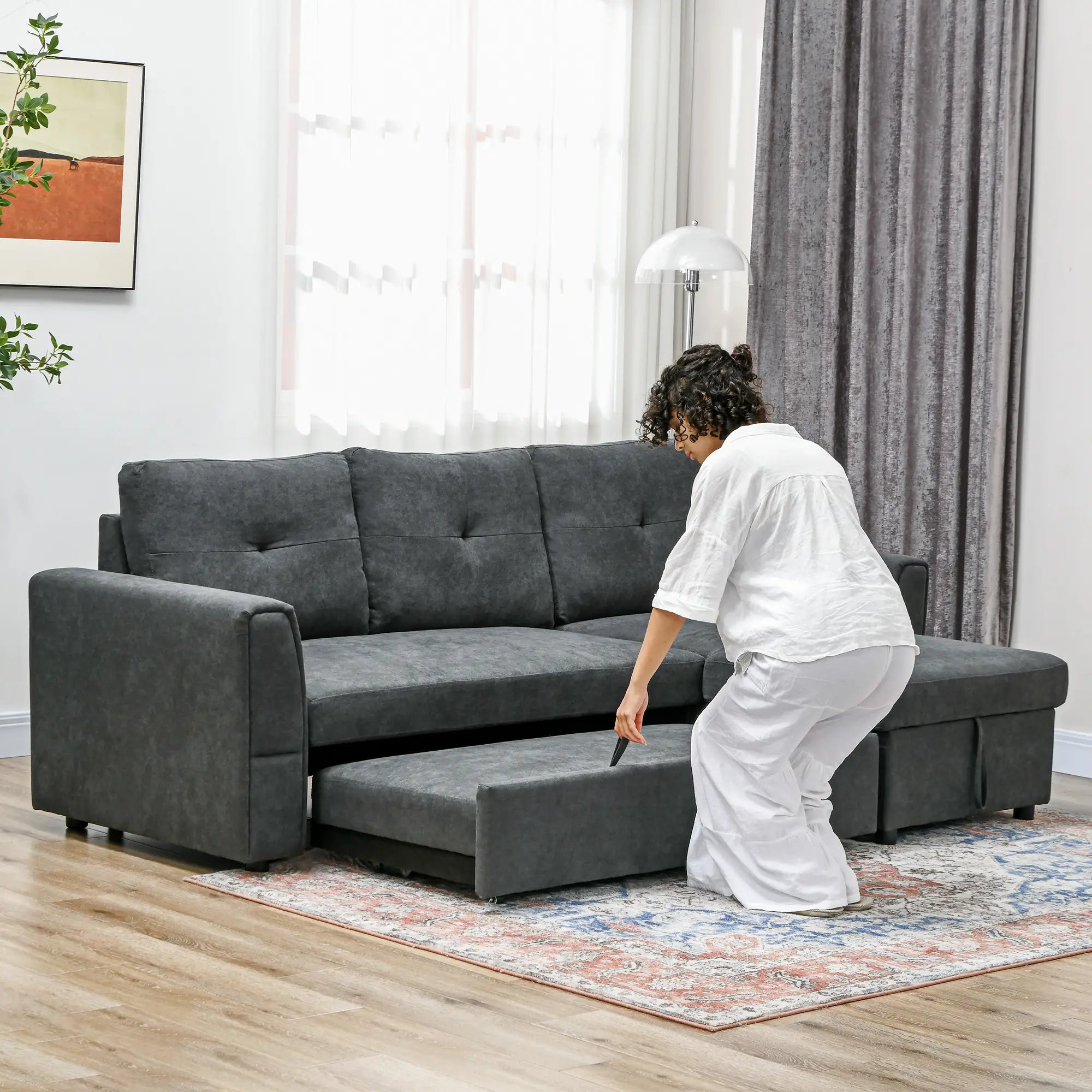3 Seater Sofa Bed, L Shaped Pull Out Sofa Bed with Storage, Convertible Click Clack Settee Sectional Sleeper Futon for Living Room, Office, Dark Grey